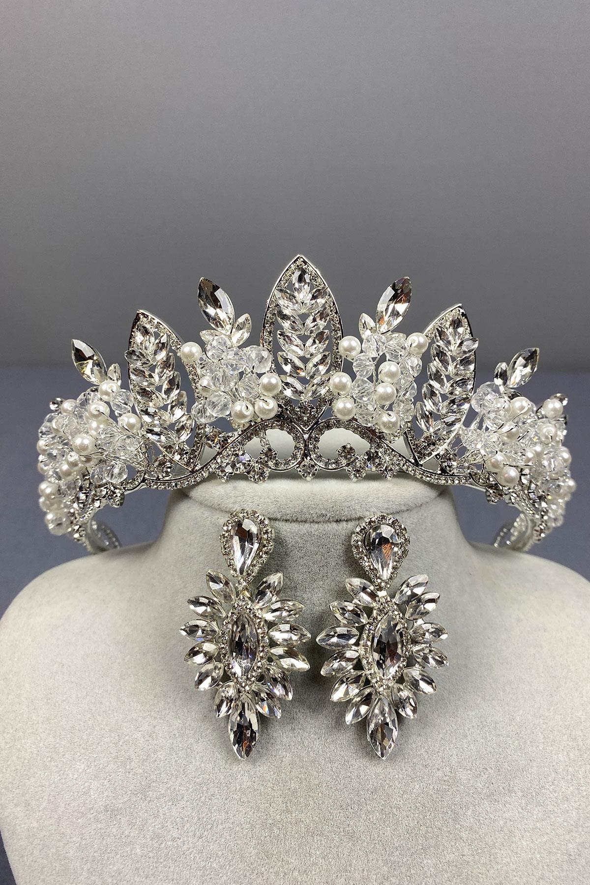 Wholesale Silver Jabbah Bead Embroidered Bridal Henna Crown And Thin Shuttle Earrings