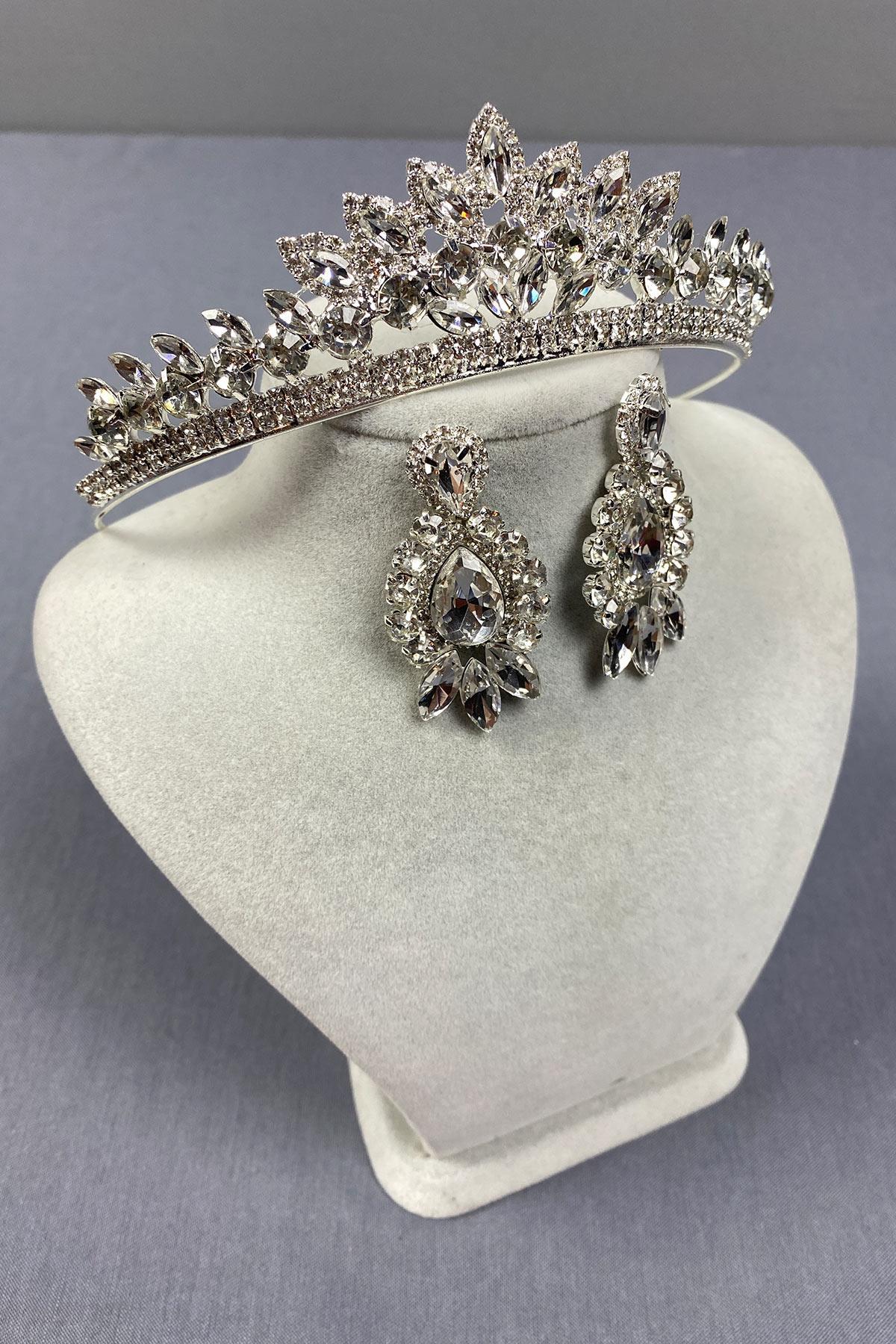 Wholesale Silver Leyn Bridal Crown and Almond Shuttle Stone Earring Set