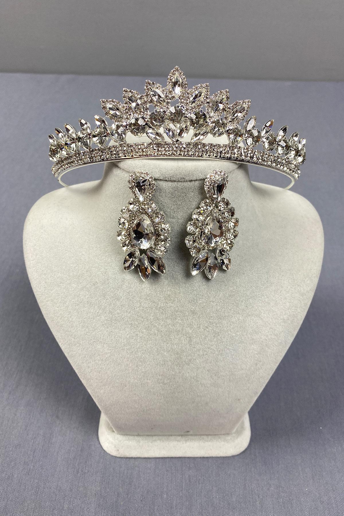 Wholesale Silver Leyn Bridal Crown and Almond Shuttle Stone Earring Set