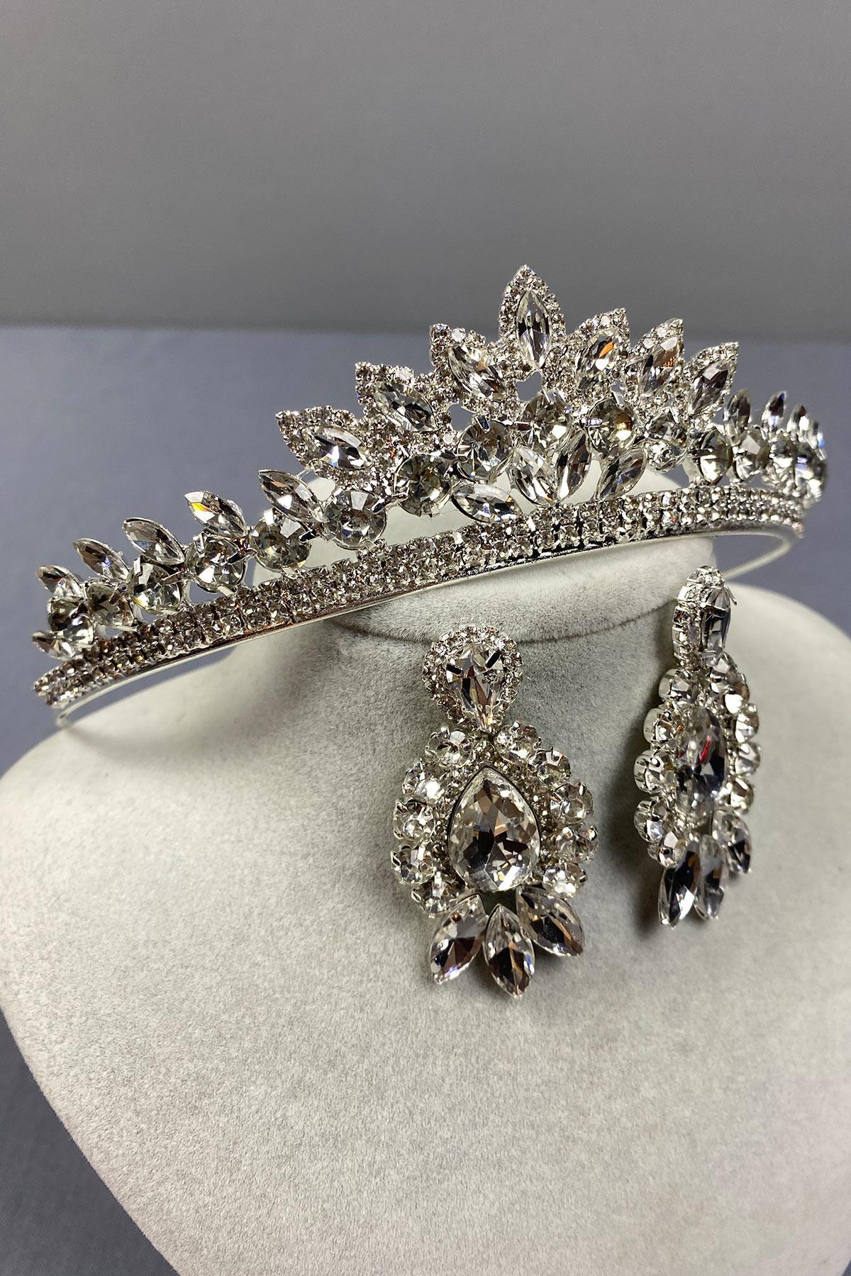 Wholesale Silver Leyn Bridal Crown and Almond Shuttle Stone Earring Set