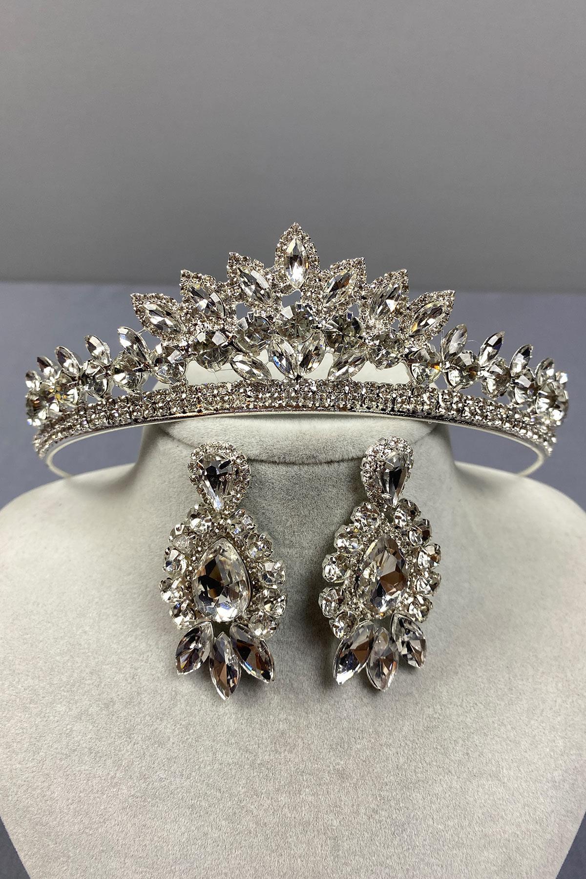 Wholesale Silver Leyn Bridal Crown and Almond Shuttle Stone Earring Set