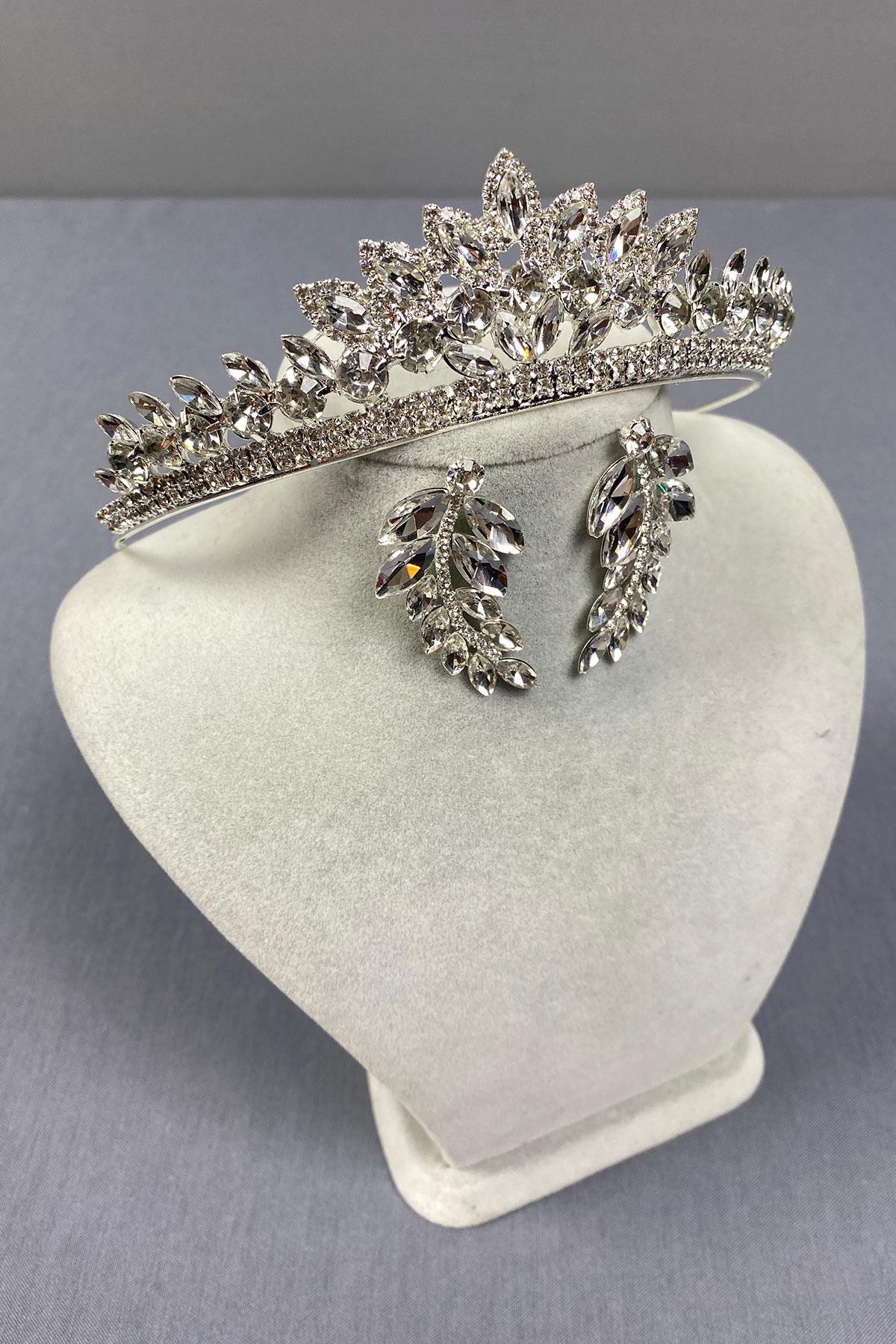 Wholesale Silver Leyn Bridal Crown and Leaf Stone Earring Set