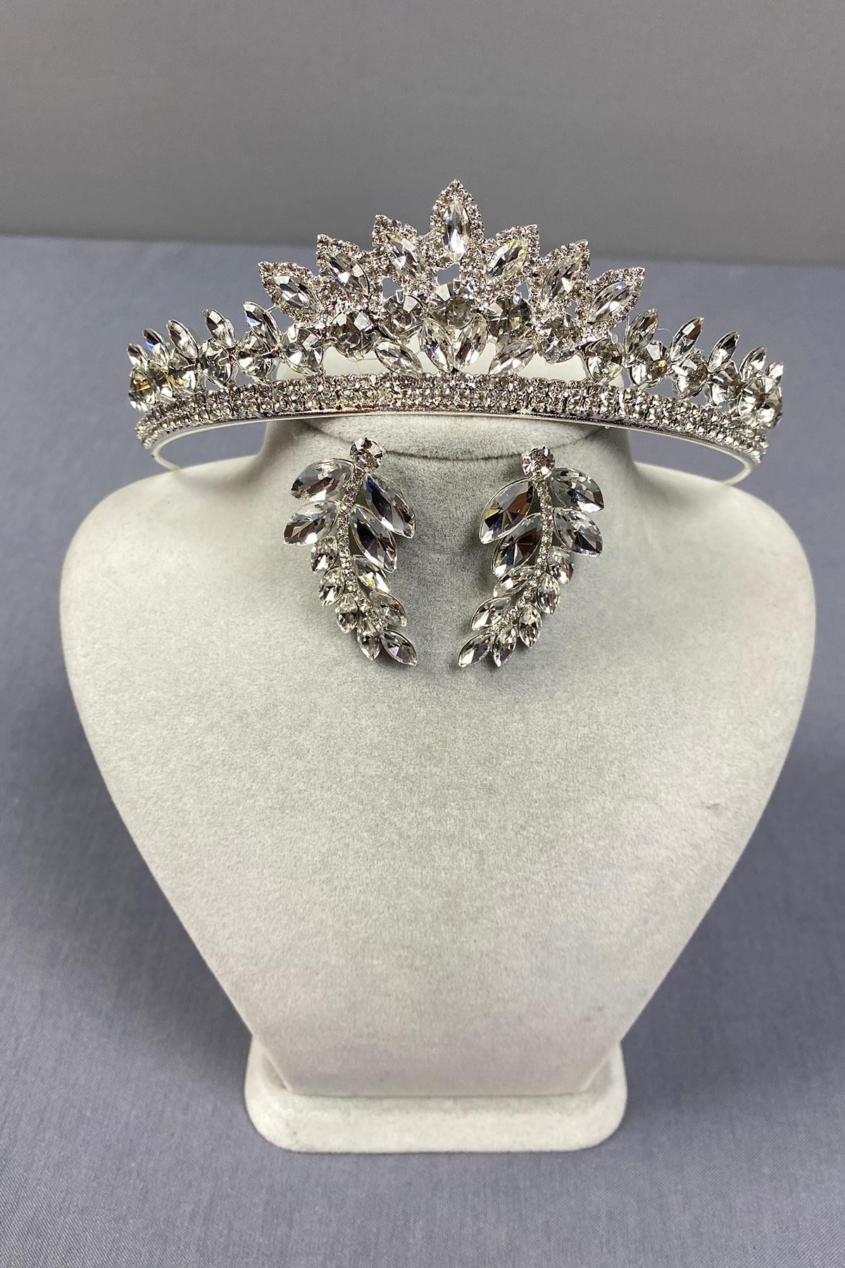 Wholesale Silver Leyn Bridal Crown and Leaf Stone Earring Set