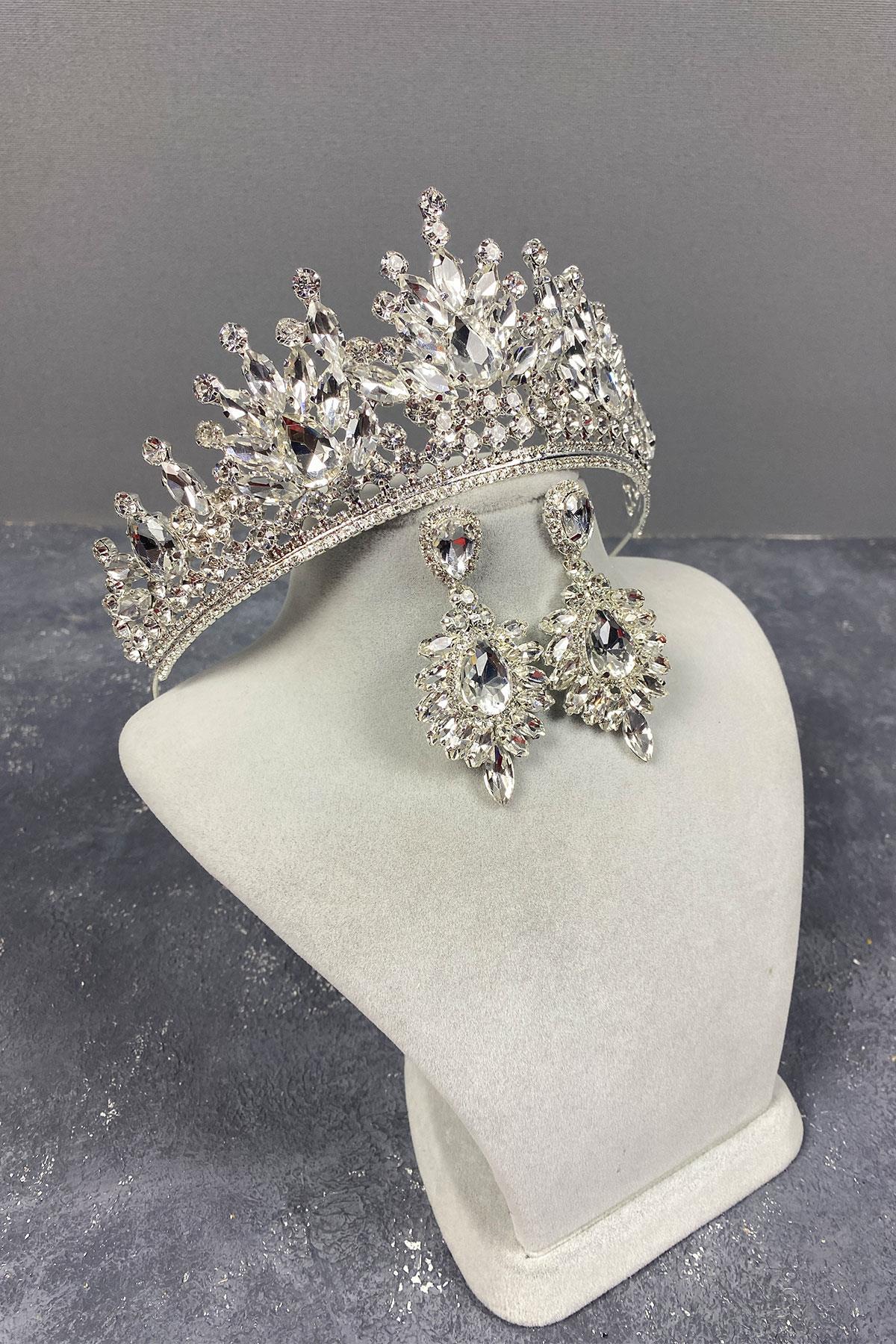 Wholesale Silver Pera Bridal Crown and Shuttle Earring Set