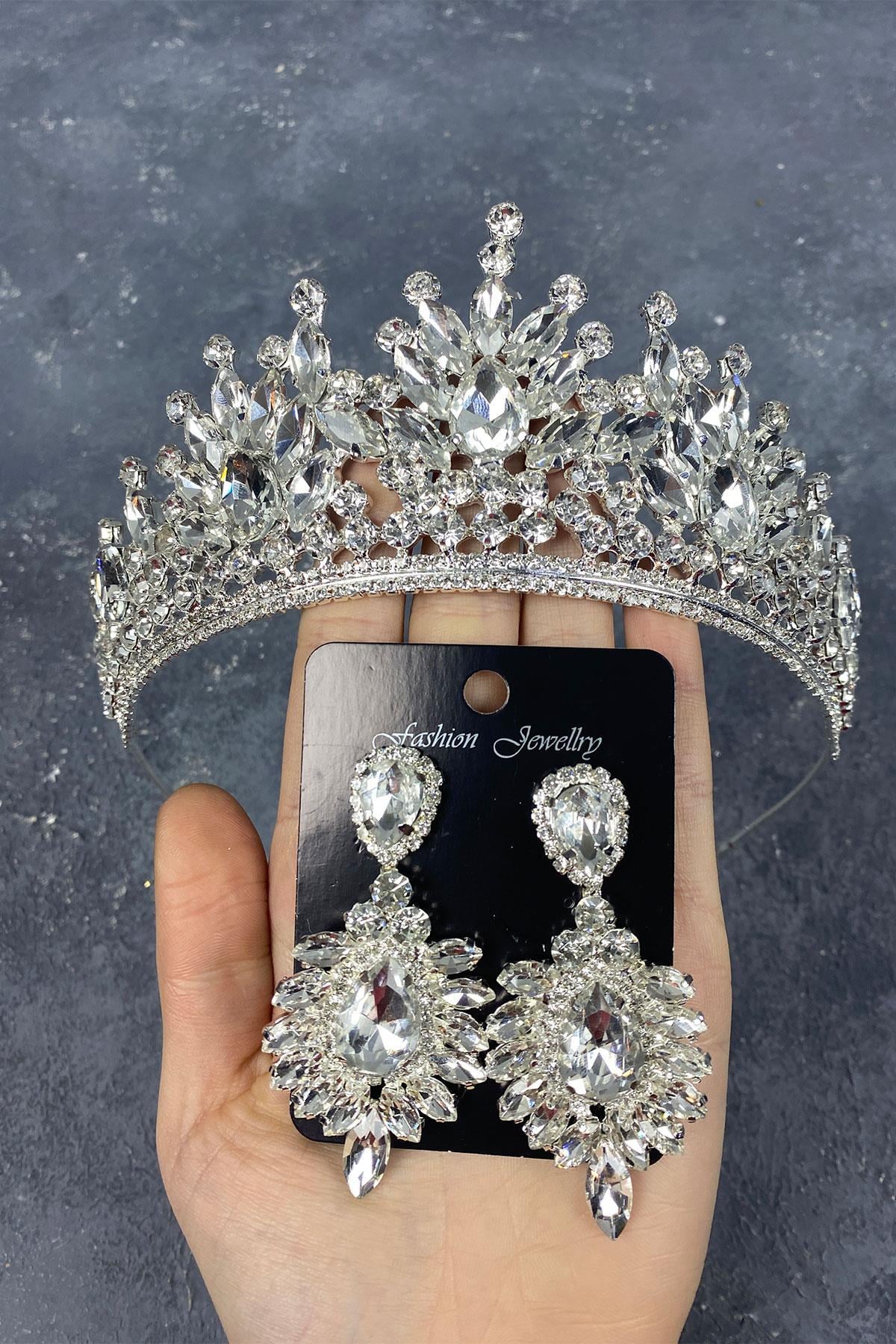 Wholesale Silver Pera Bridal Crown and Shuttle Earring Set