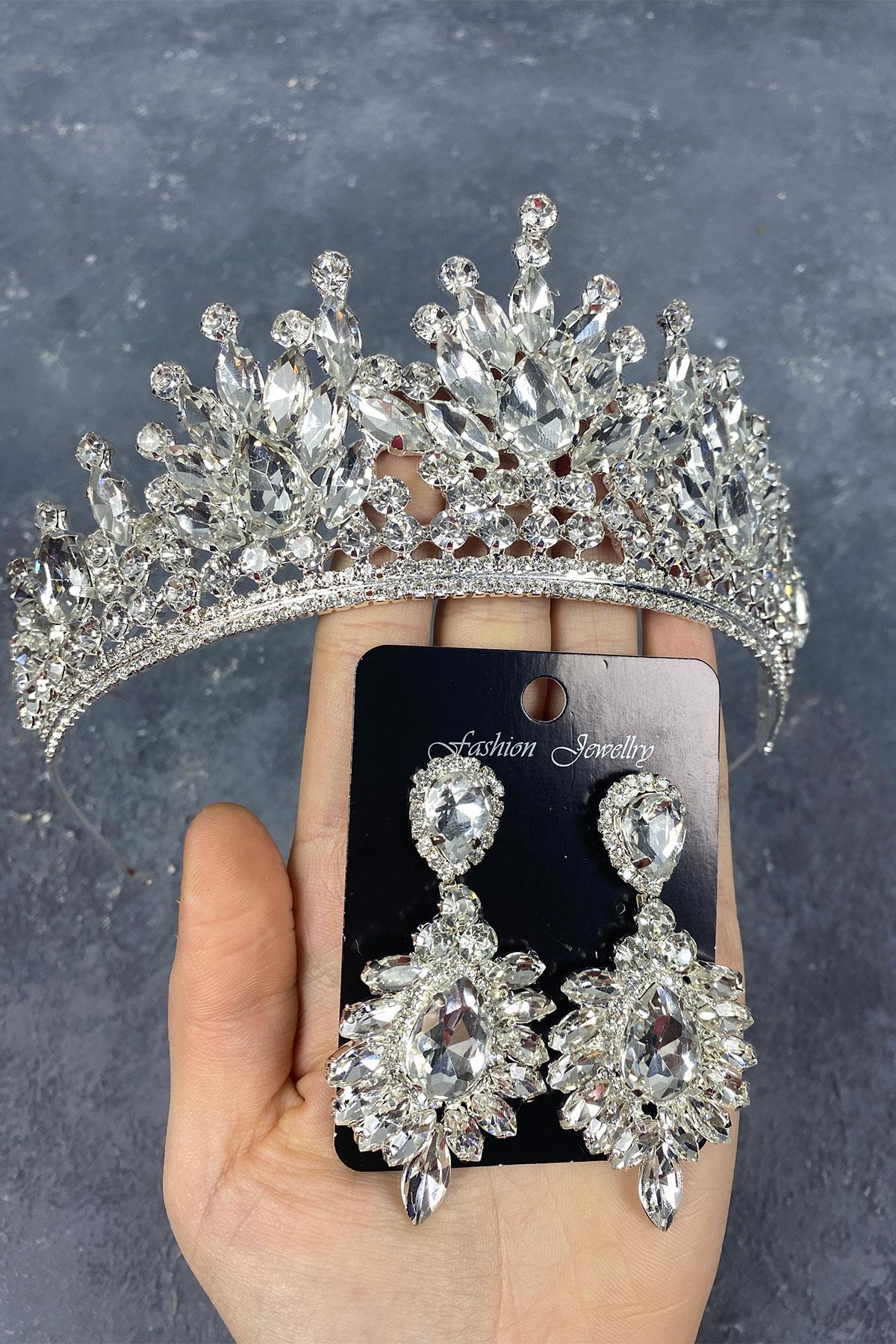 Wholesale Silver Pera Bridal Crown and Shuttle Earring Set