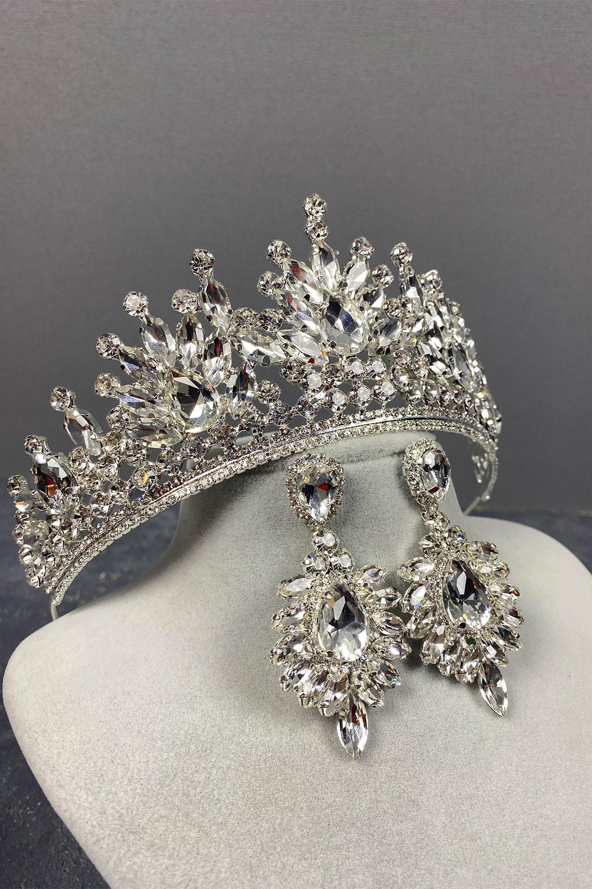 Wholesale Silver Pera Bridal Crown and Shuttle Earring Set