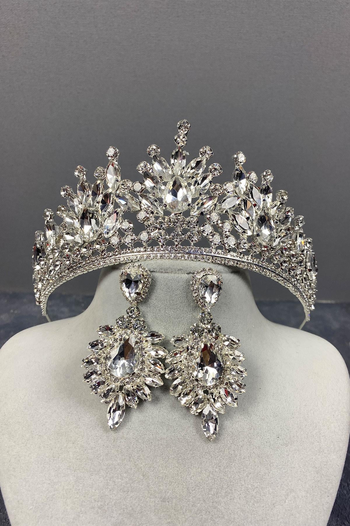 Wholesale Silver Pera Bridal Crown and Shuttle Earring Set