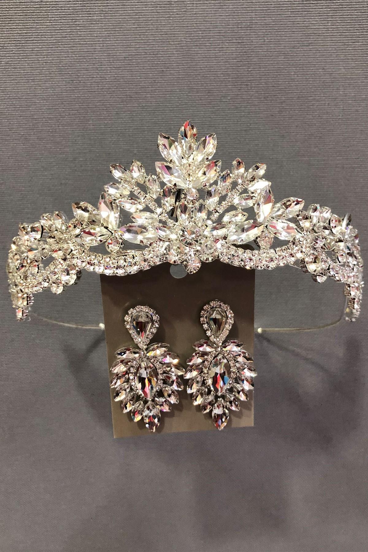 Wholesale Silver Color Crystal Stone Henna, Bridal Crown and Earring Set