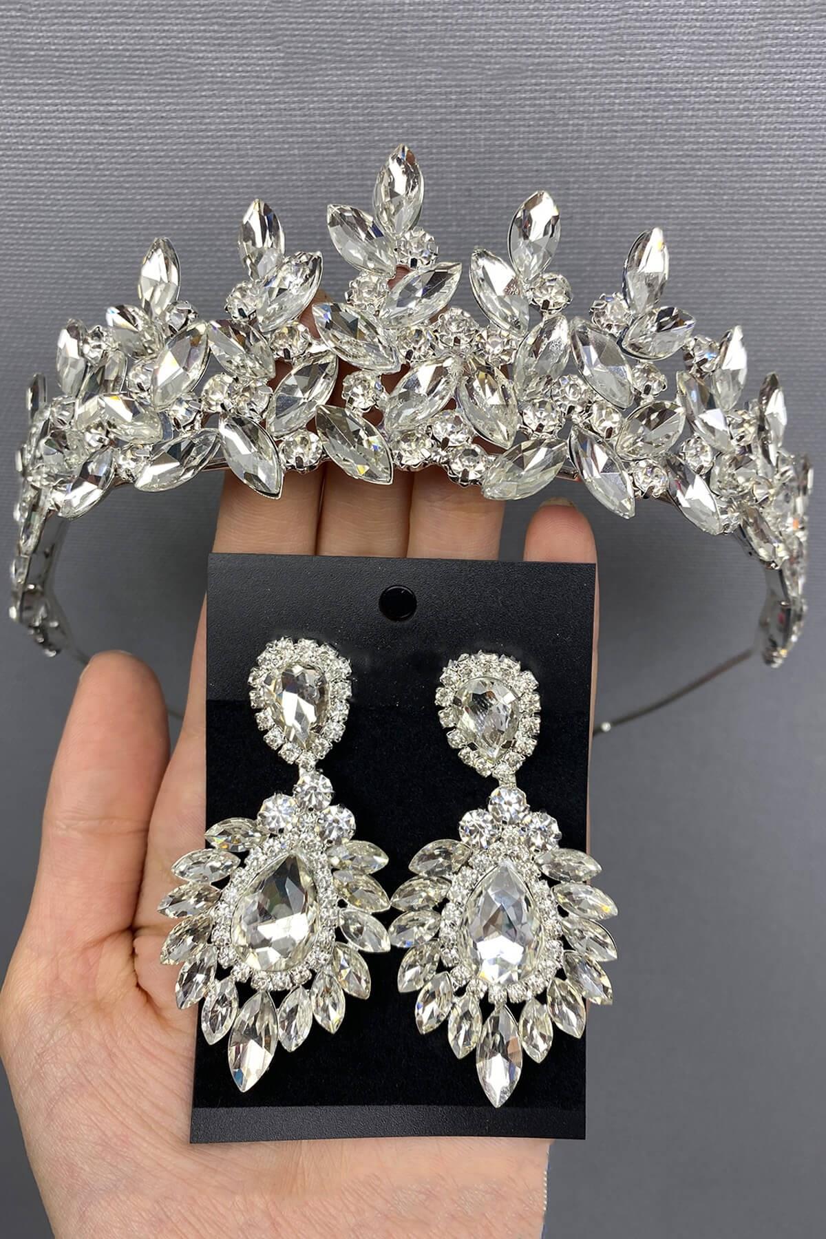 Toptan Gümüş Rengi Subra Gelin Tacı ve Küpesi