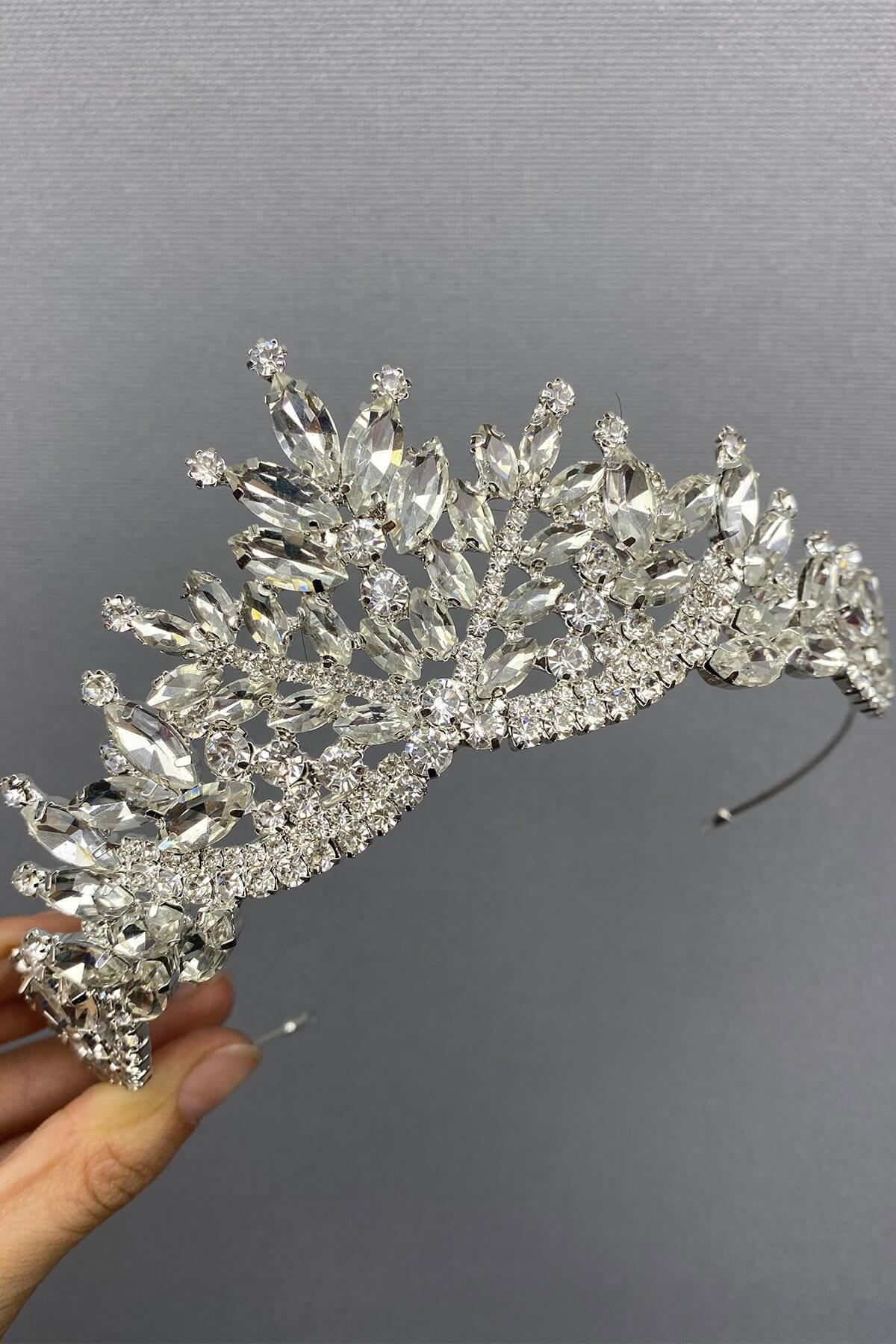 Toptan Gümüş Renk Berlin Gelin Tacı ve Küpesi