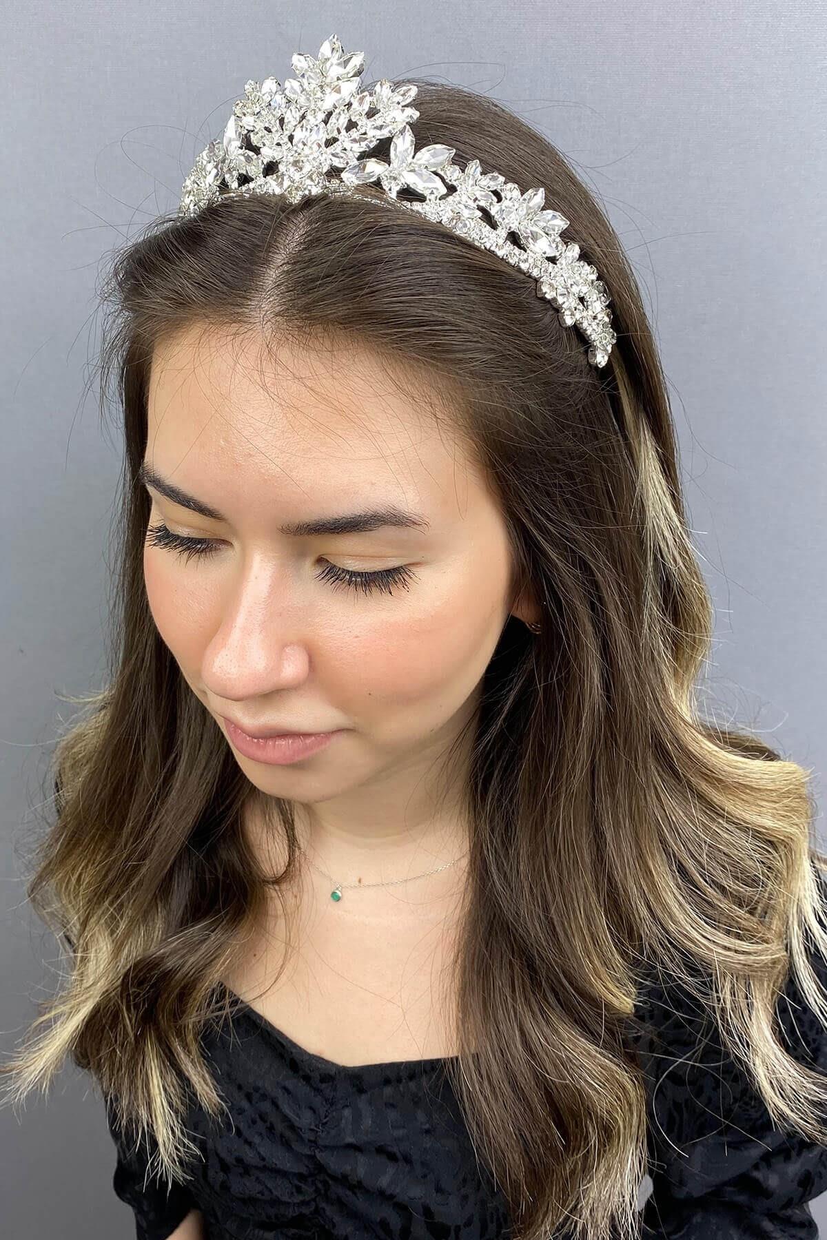 Toptan Gümüş Renk  Linda Gelin Tacı