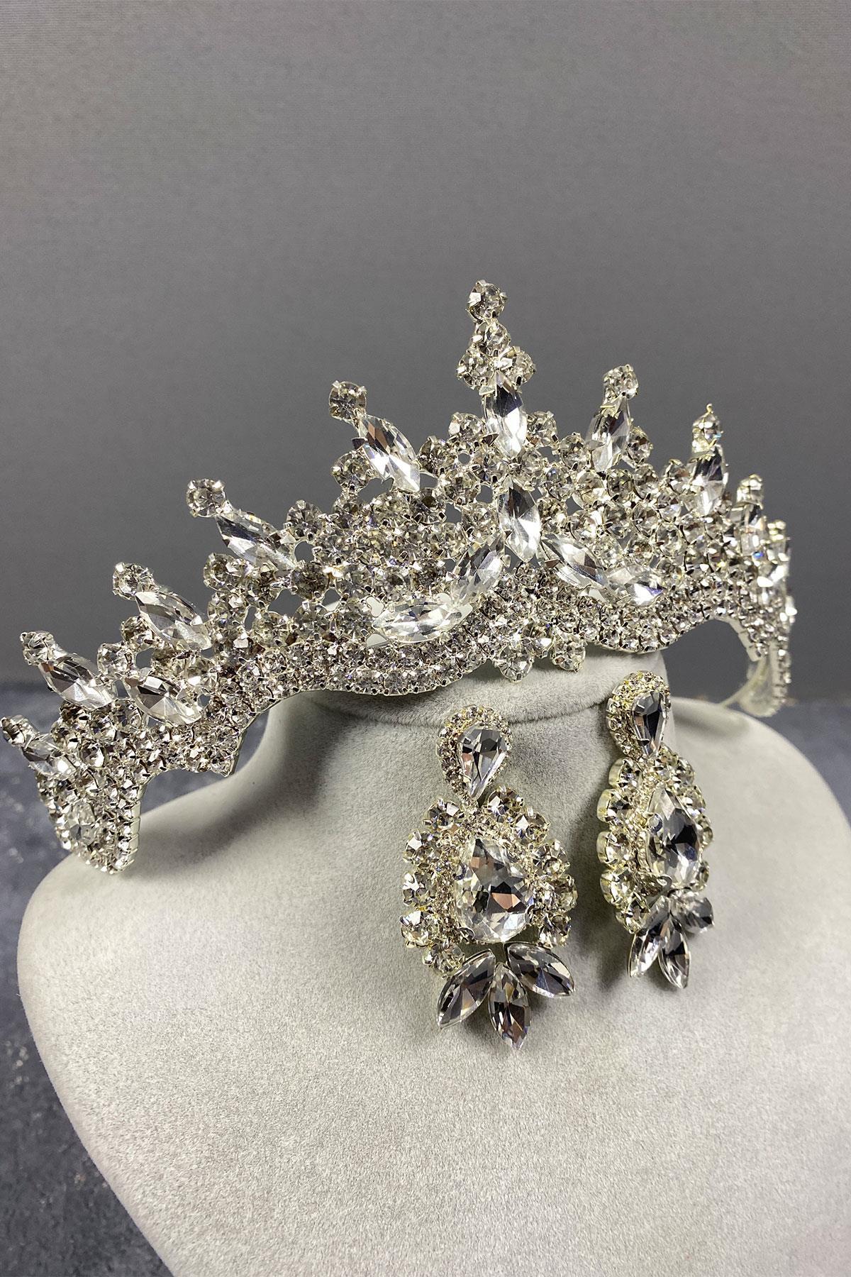 Wholesale Silver Tokyo Stone Bridal Crown and Shuttle Earrings