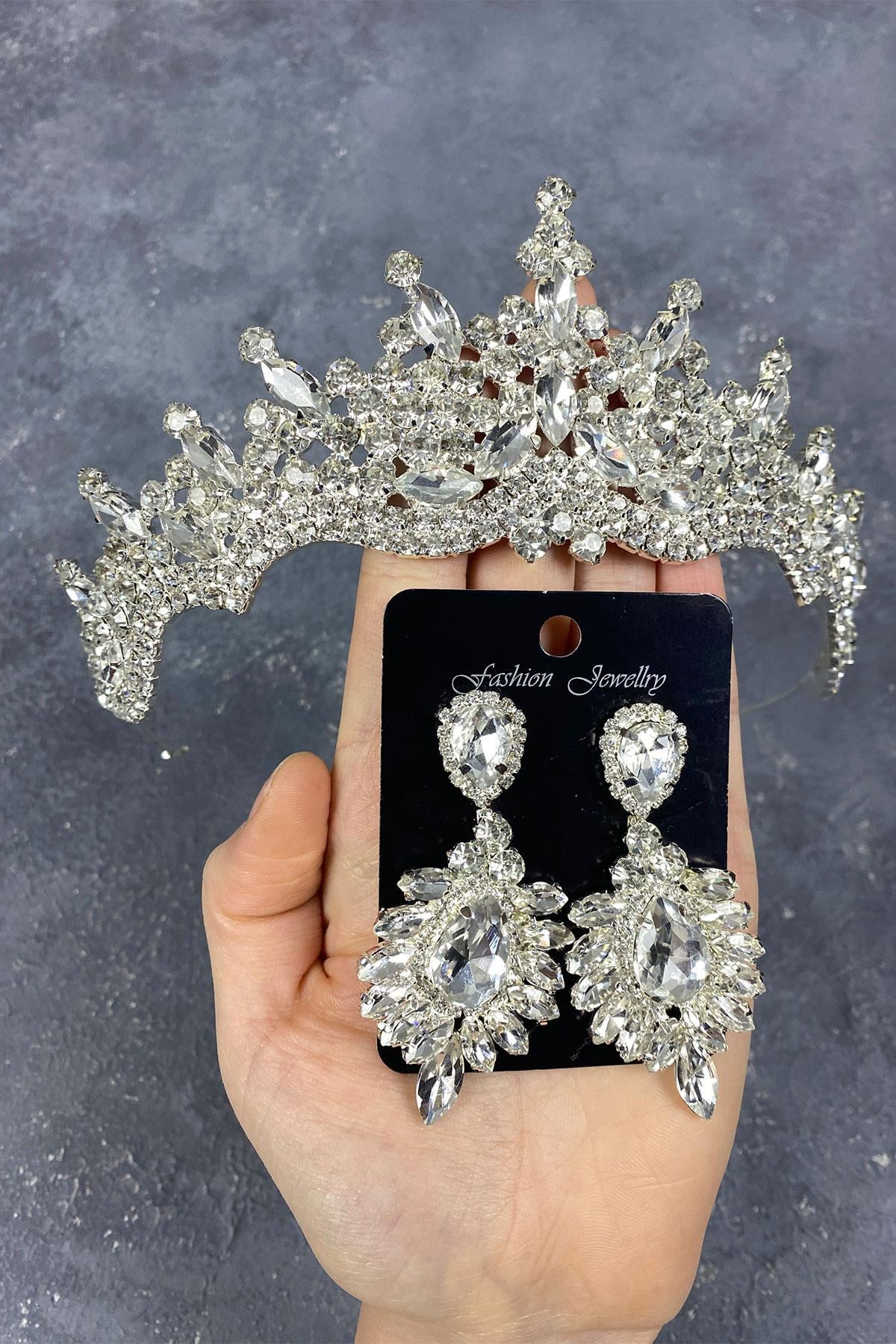 Wholesale Silver Tokyo Stone Bridal Crown and Shuttle Stone Earring Set