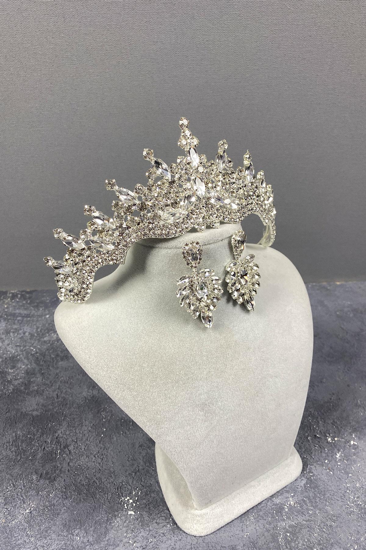 Wholesale Silver Tokyo Stone Bridal Crown and Shuttle Earring Set