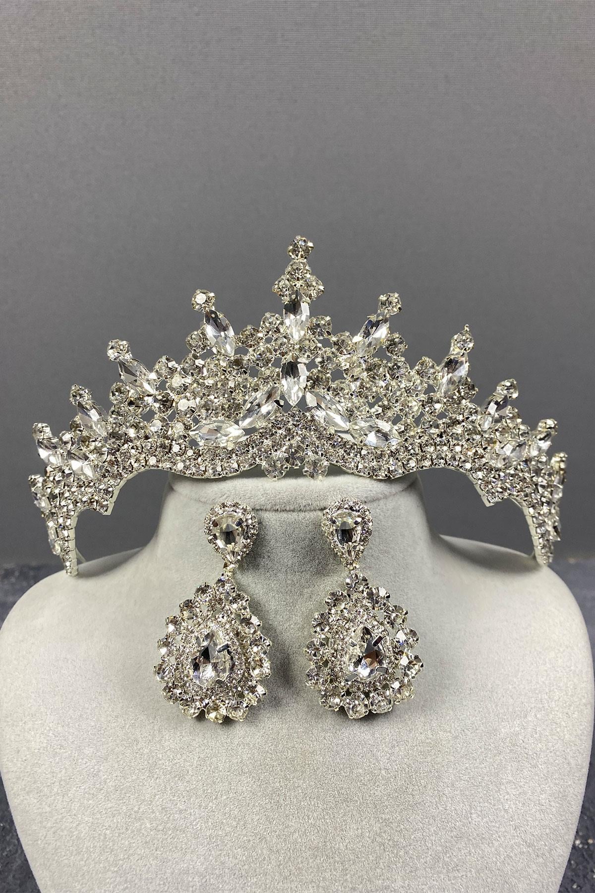 Wholesale Silver Tokyo Stone Bridal Crown and Drop Earring Set