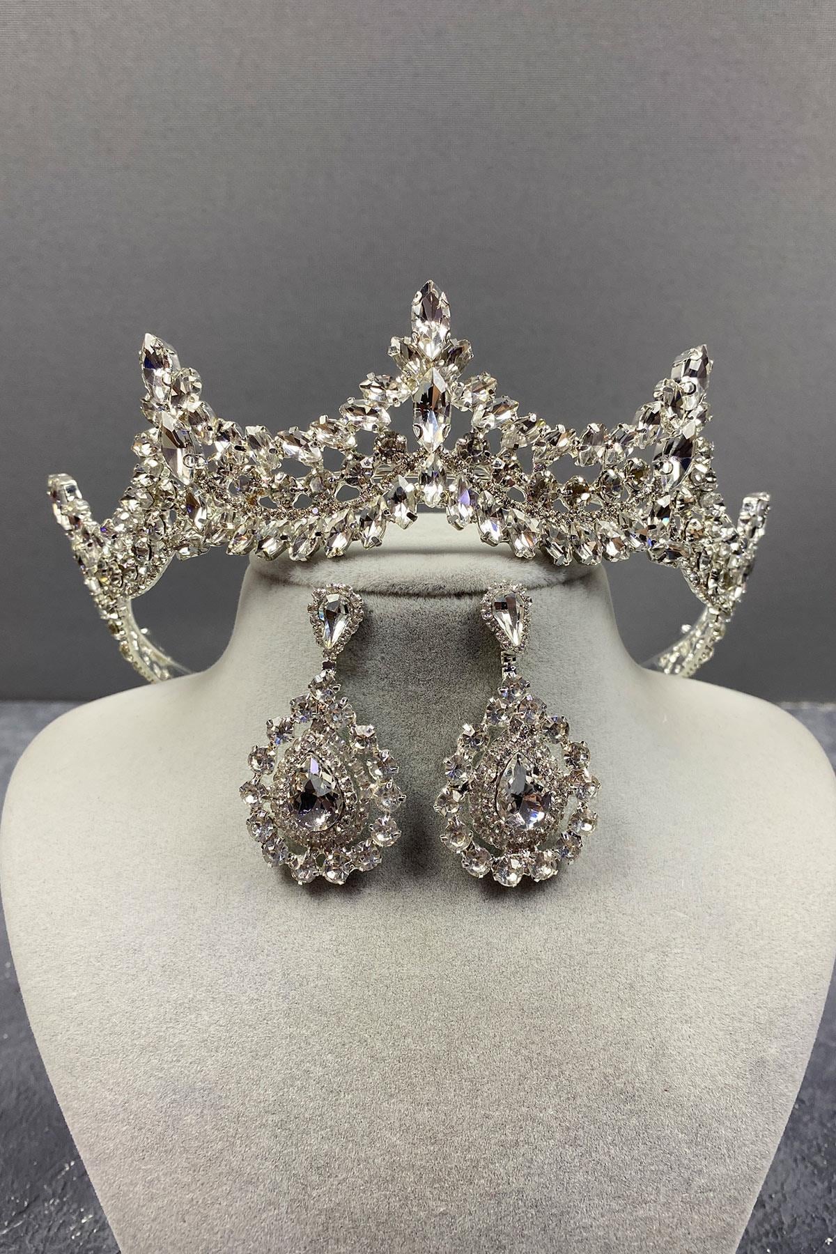 Wholesale Silver Venetian Stone Bridal Crown and Drop Earring Set
