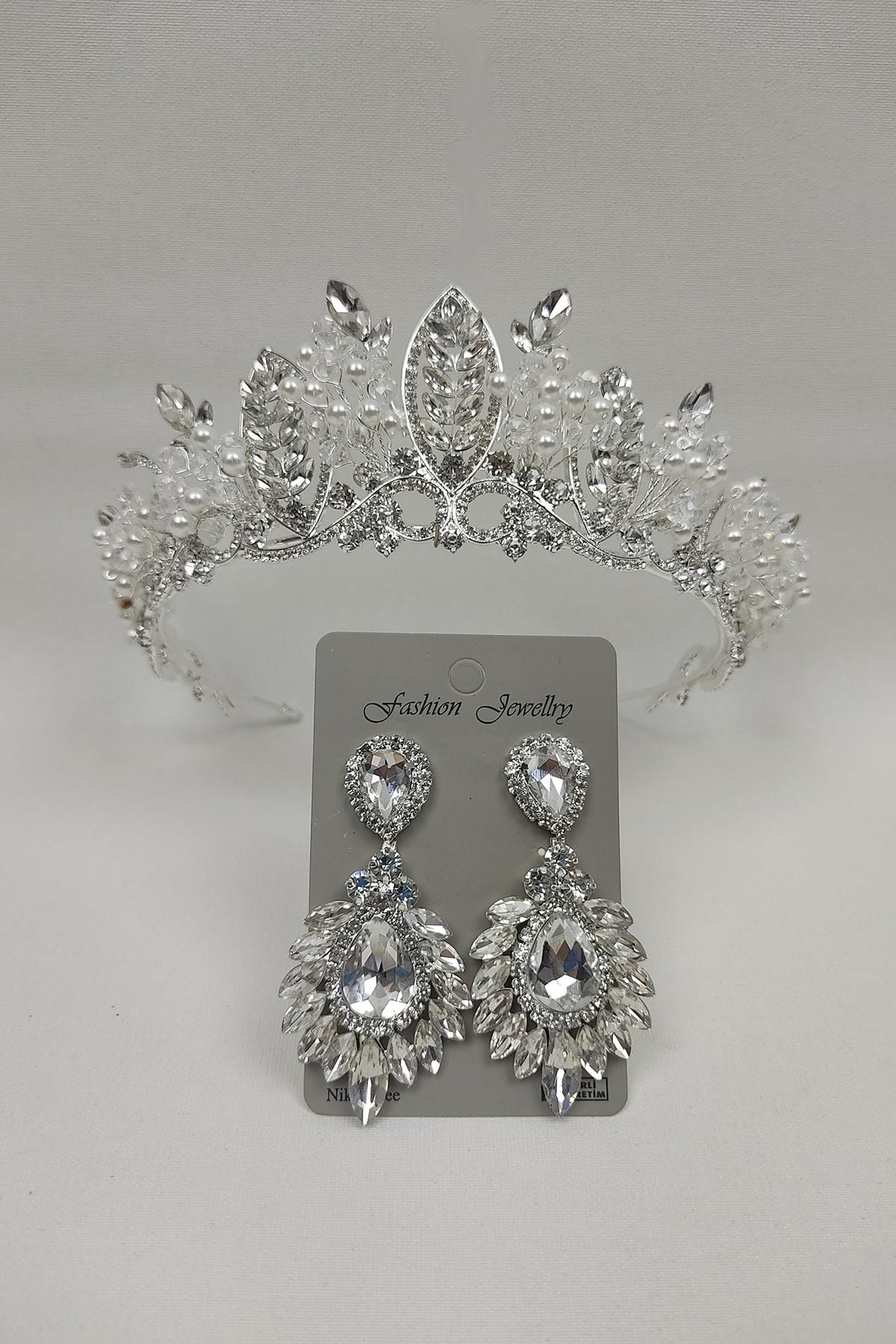 Wholesale Jabbah Model Bridal Crown with Pearls and Drop Shuttle Stone Earrings