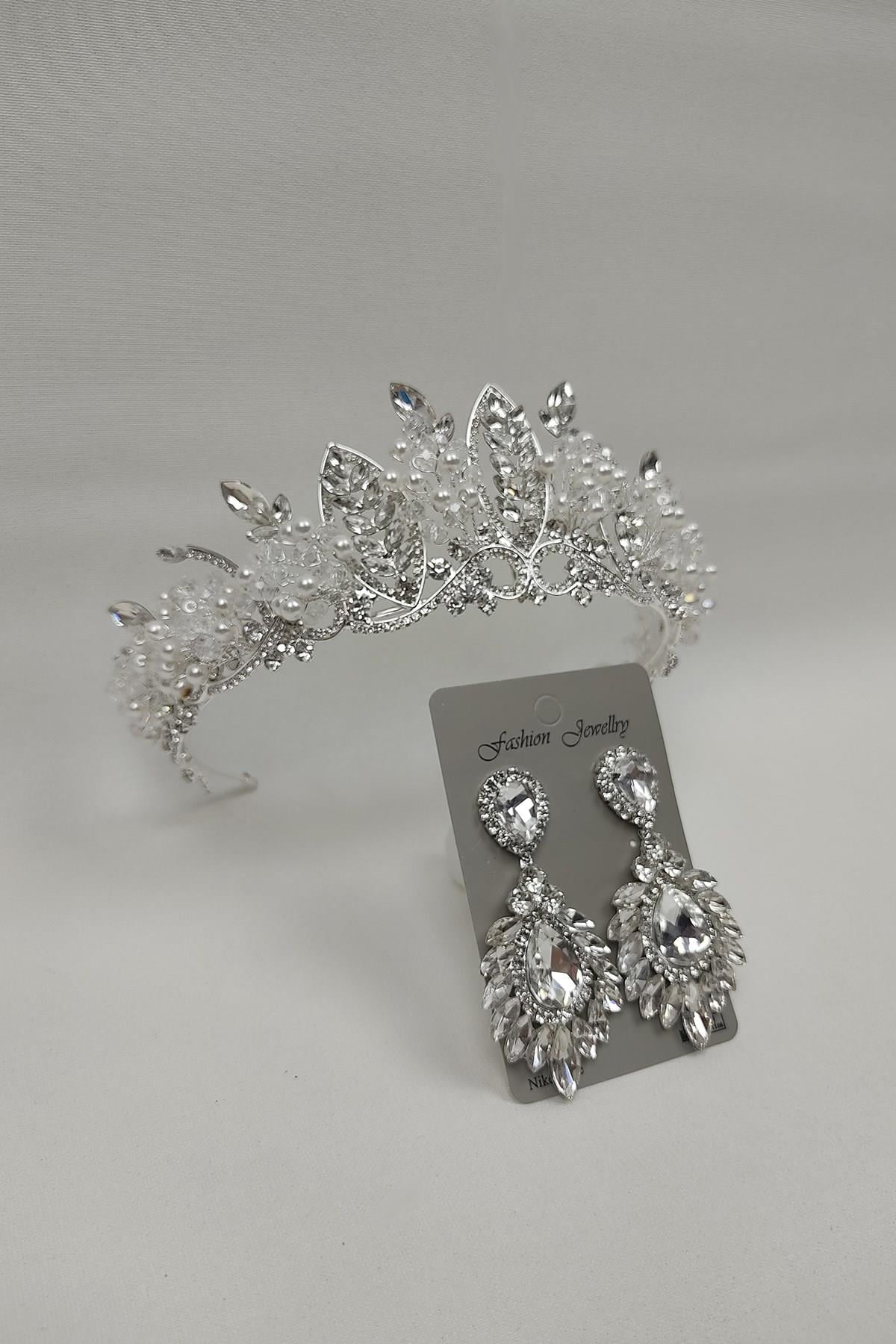 Wholesale Jabbah Model Bridal Crown with Pearls and Drop Shuttle Stone Earrings