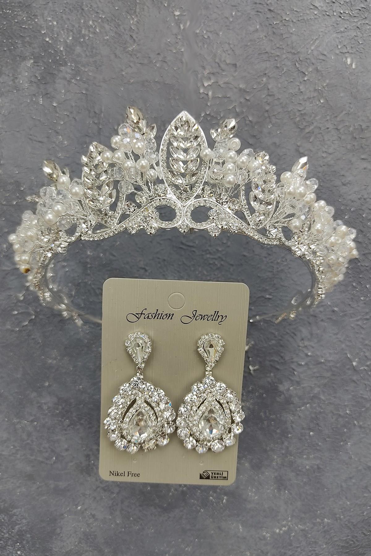 Wholesale Jabbah Model Bridal Crown with Pearls and Shuttle Stone Earrings