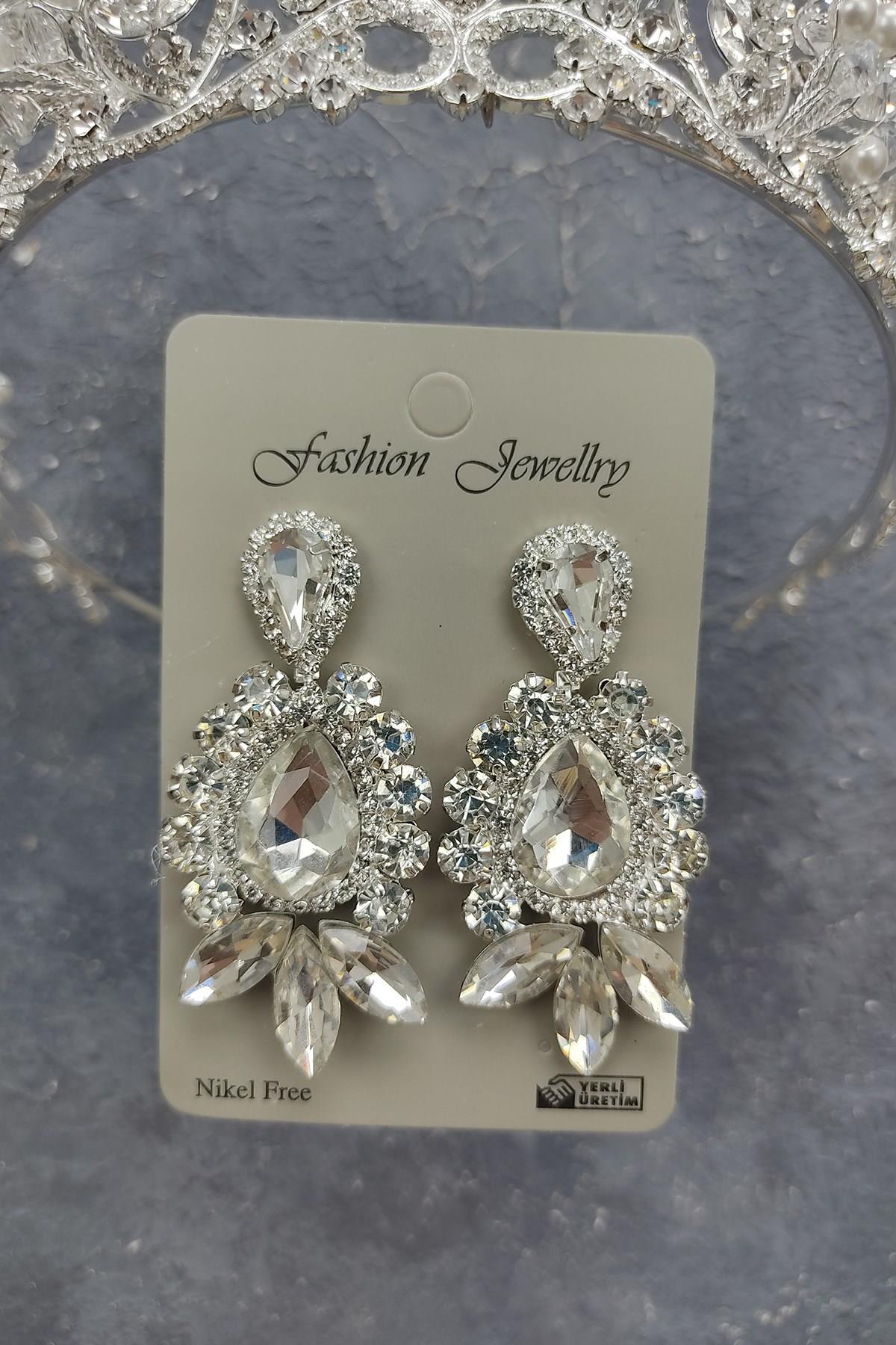 Wholesale Jabbah Model Bridal Crown with Pearls and Shuttle Drop Stone Earrings