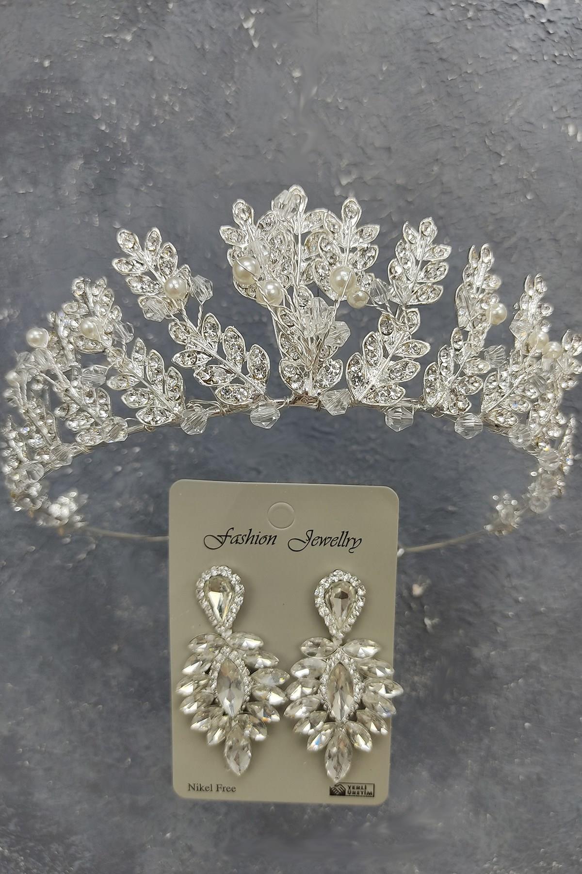 Wholesale Leaf Model Bridal Crown with Pearls and Drop Stone Earrings