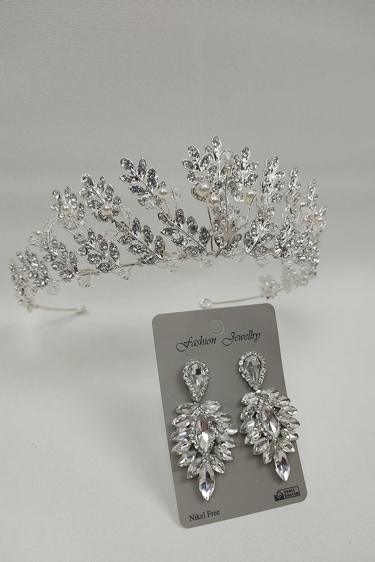 Wholesale Leaf Model Bridal Crown with Pearls and Drop Stone Earrings