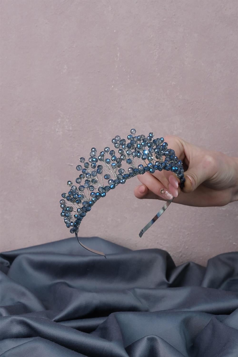 Toptan İndigo Mavi Kristal Boncuklu Aren Gelin Kına Tacı