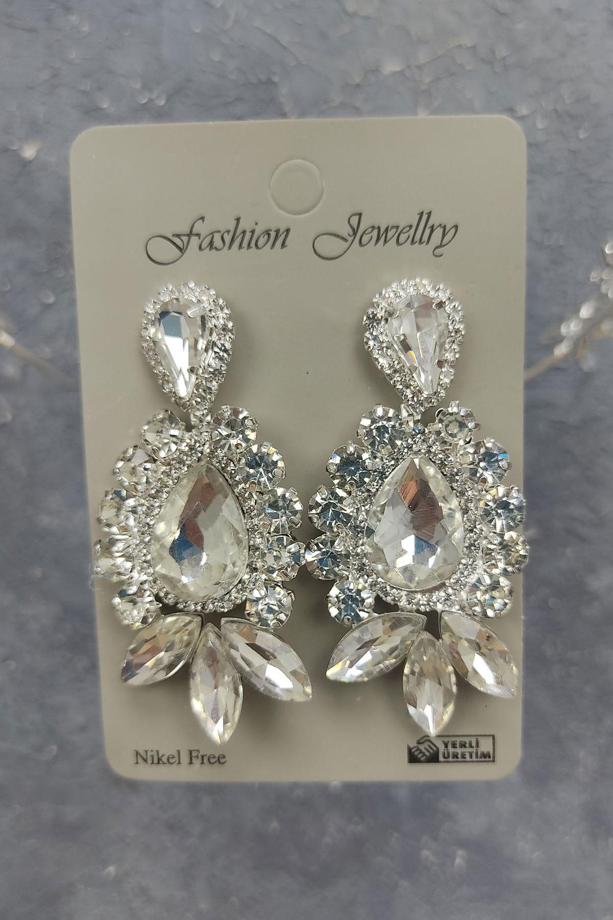 Toptan Kastra Model Gelin Tacı Ve Mekik Damla Taşlı Küpe