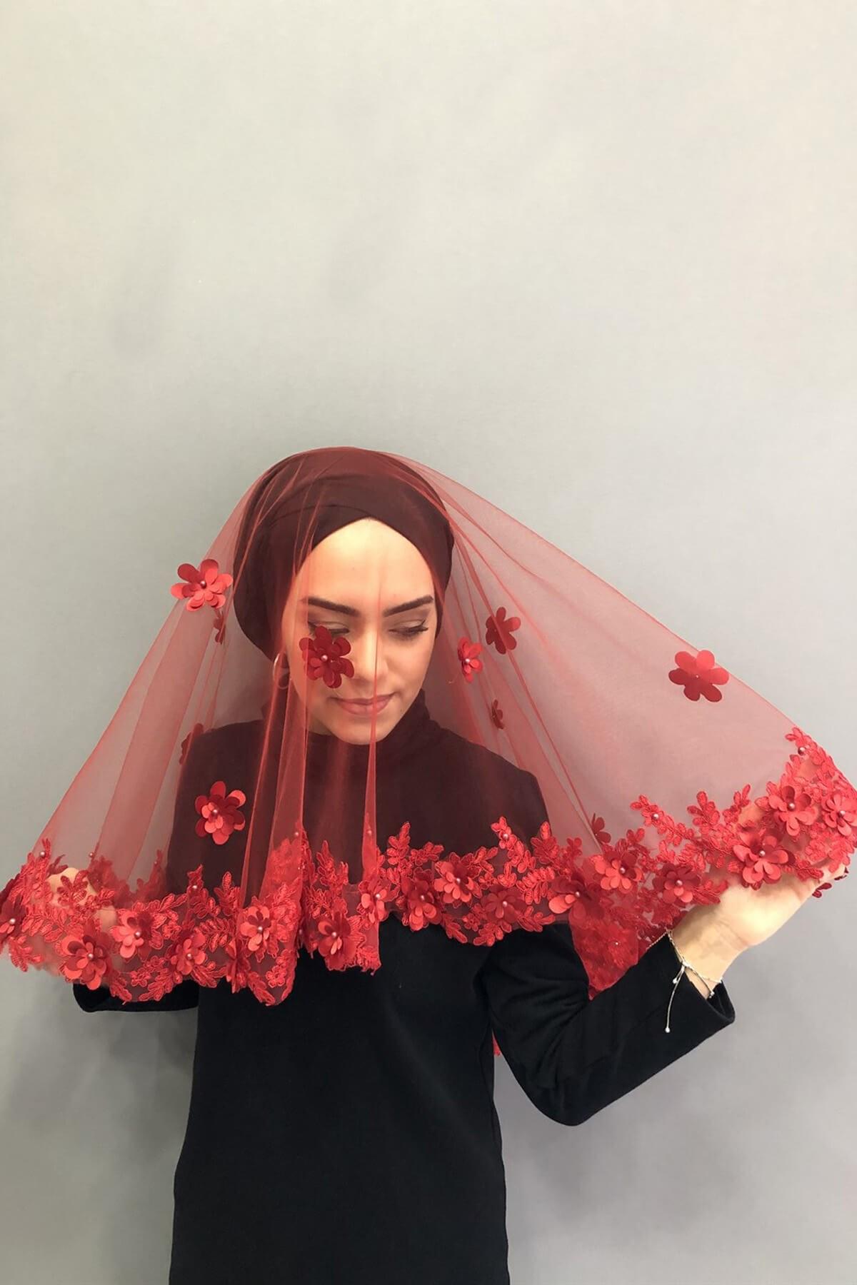 Wholesale Red Flower Embroidered Bridal Veil Henna Face Veil