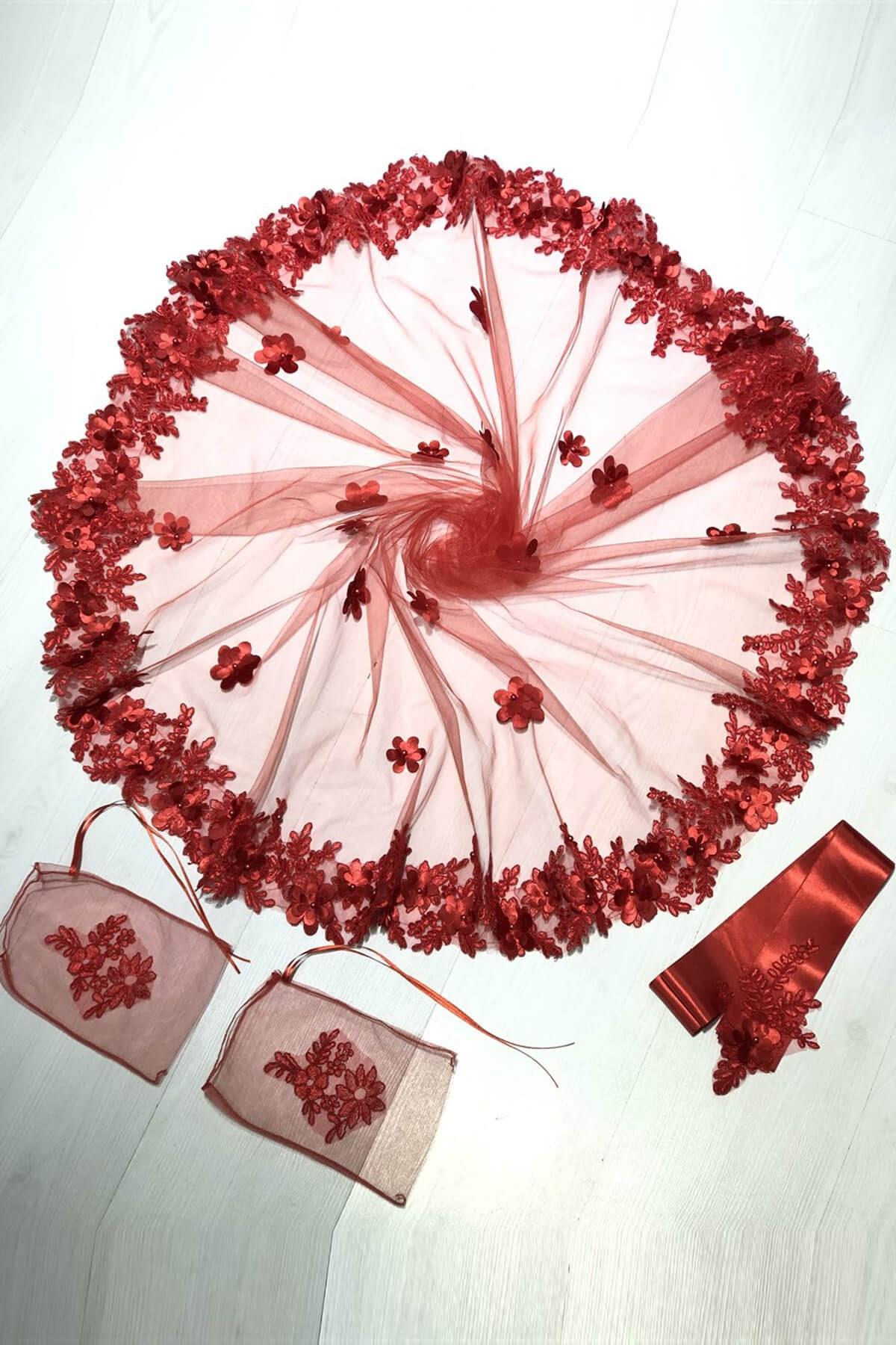 Wholesale Red Flower Embroidered Bridal Veil Henna Face Veil