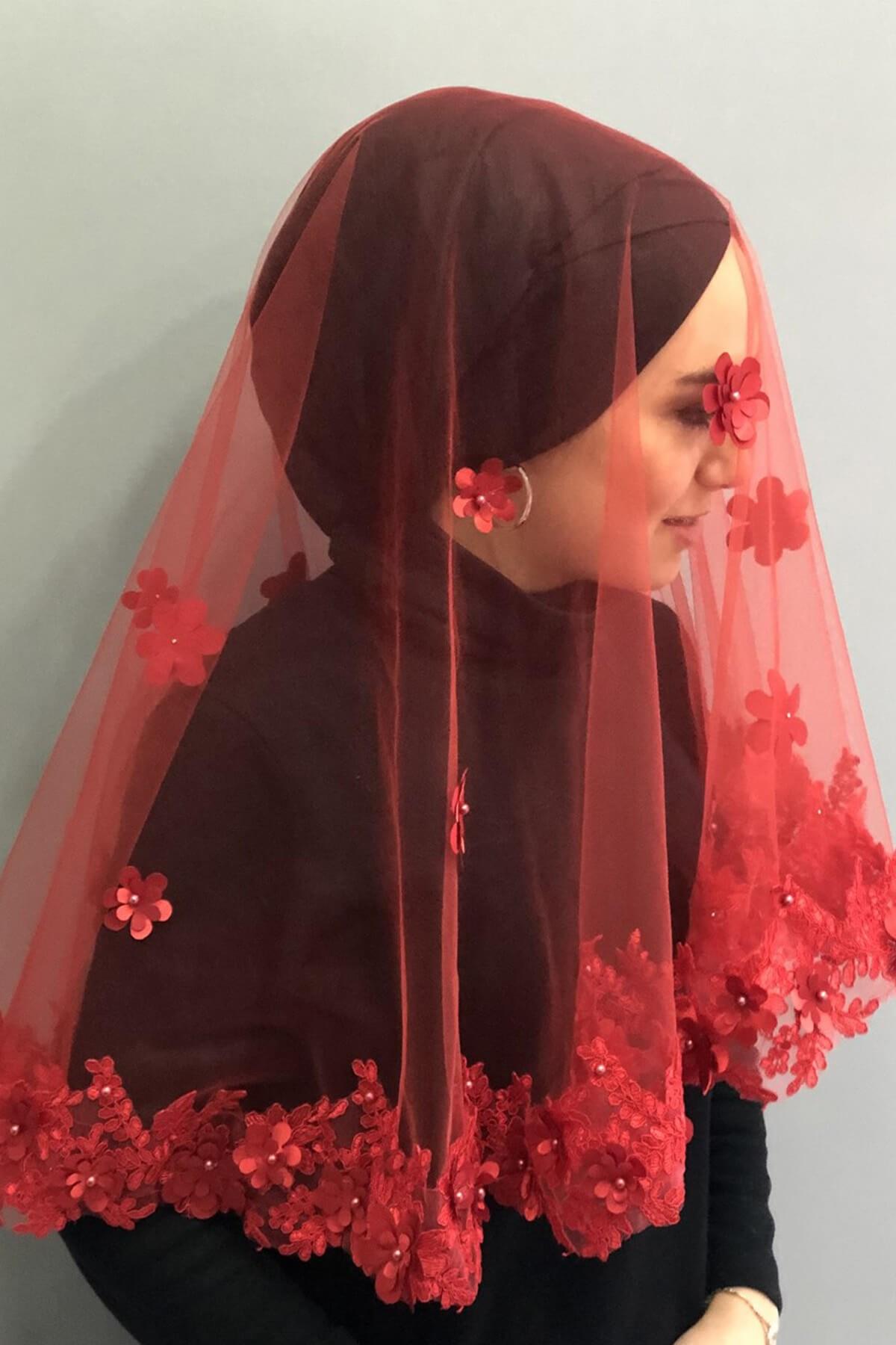 Wholesale Red Flower Embroidered Bridal Veil Henna Face Veil
