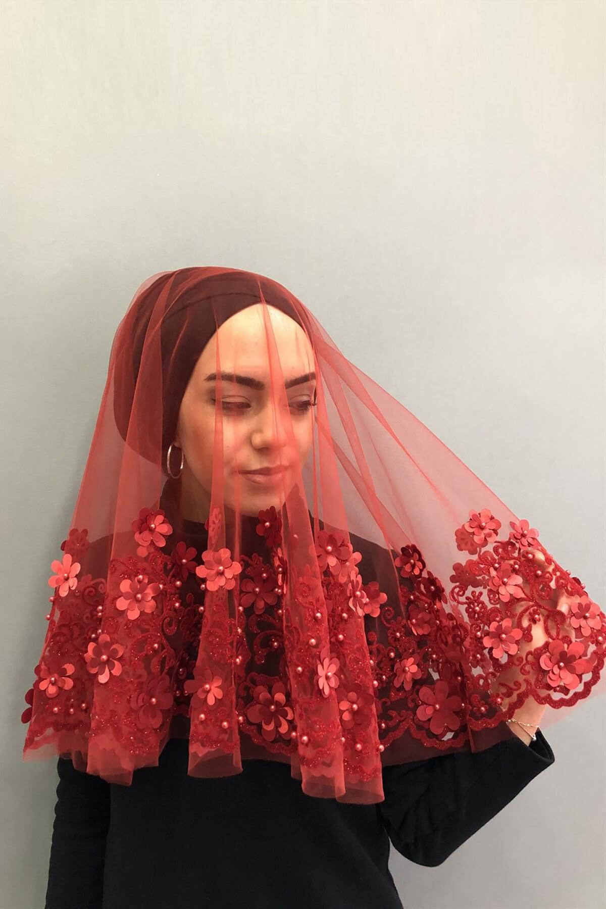 الجملة زهرة حمراء سميكة مطرزة الحجاب الزفاف الحناء الحجاب الوجه