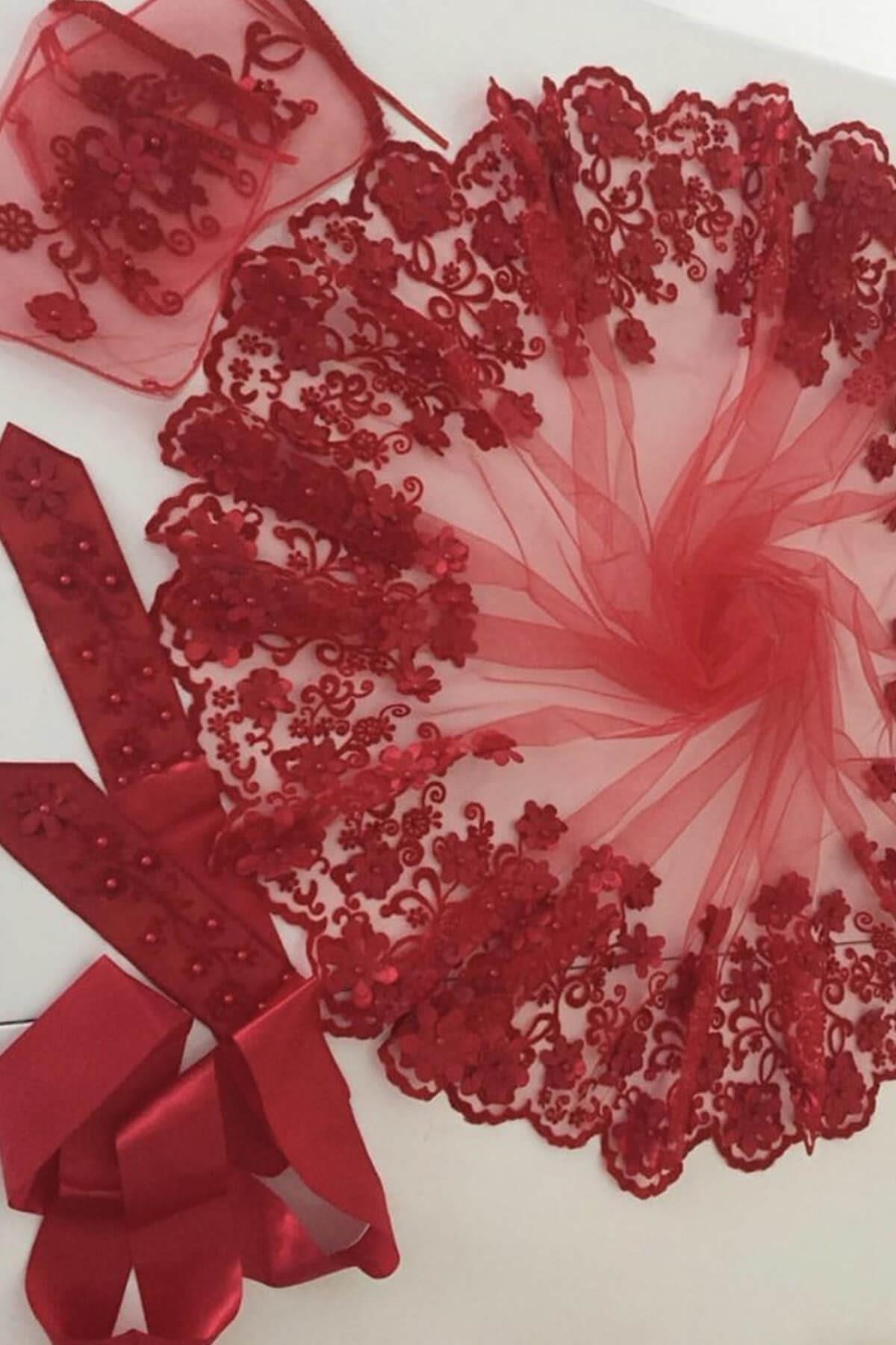 الجملة زهرة حمراء سميكة مطرزة الحجاب الزفاف الحناء الحجاب الوجه