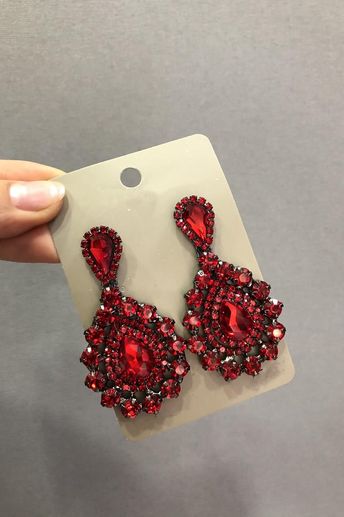 Wholesale Red Crystal Glass Stone Dark Gray Earrings