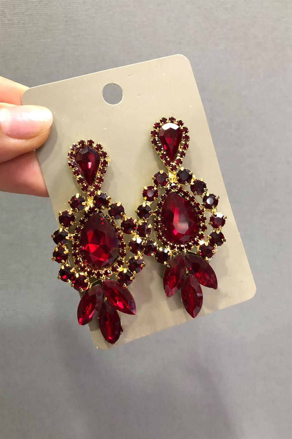 Wholesale Red Crystal Stone Gold Yellow 3 Stone Oval Earrings