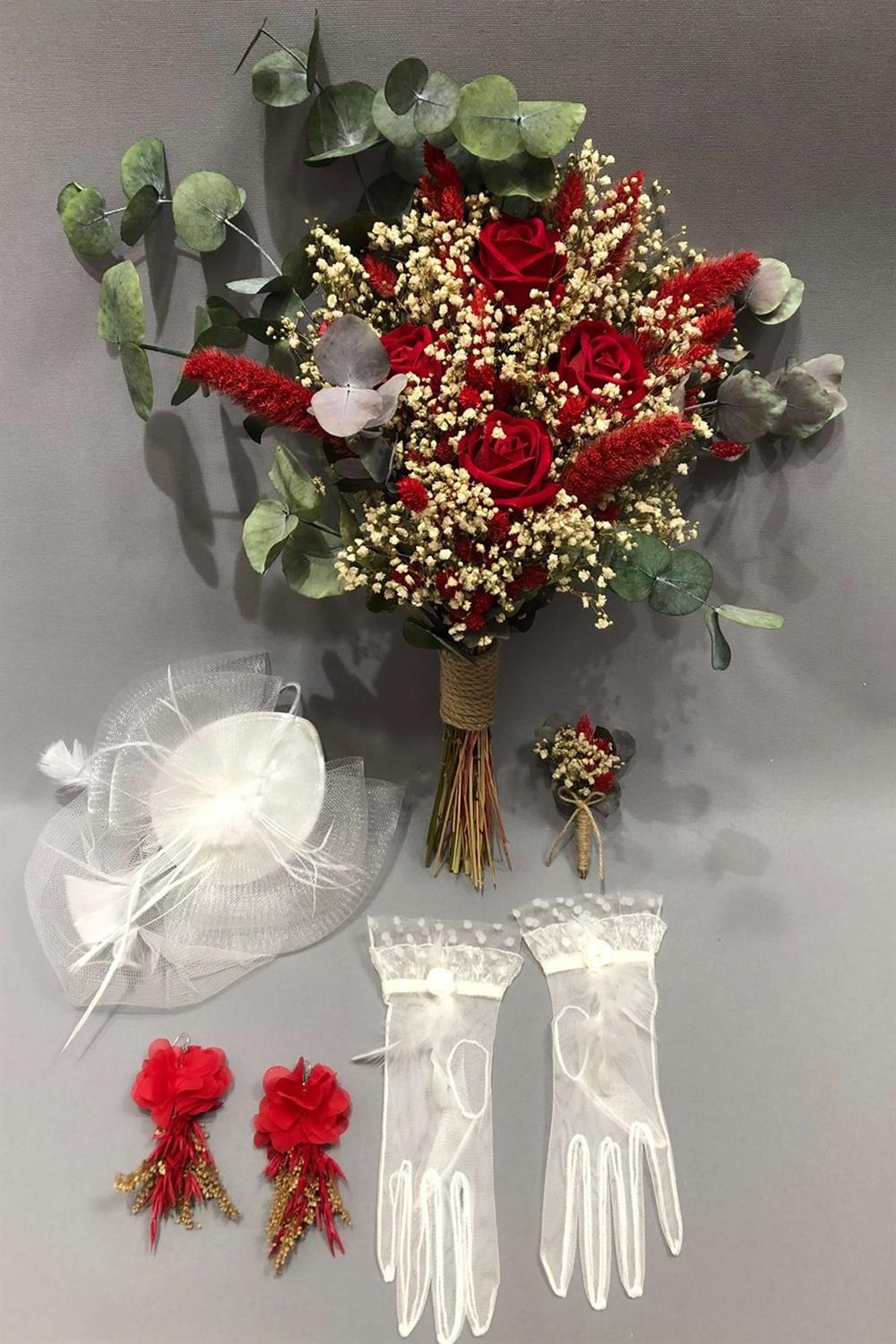 Wholesale Red Dried Flower Horizontal Bridal Bouquet Set