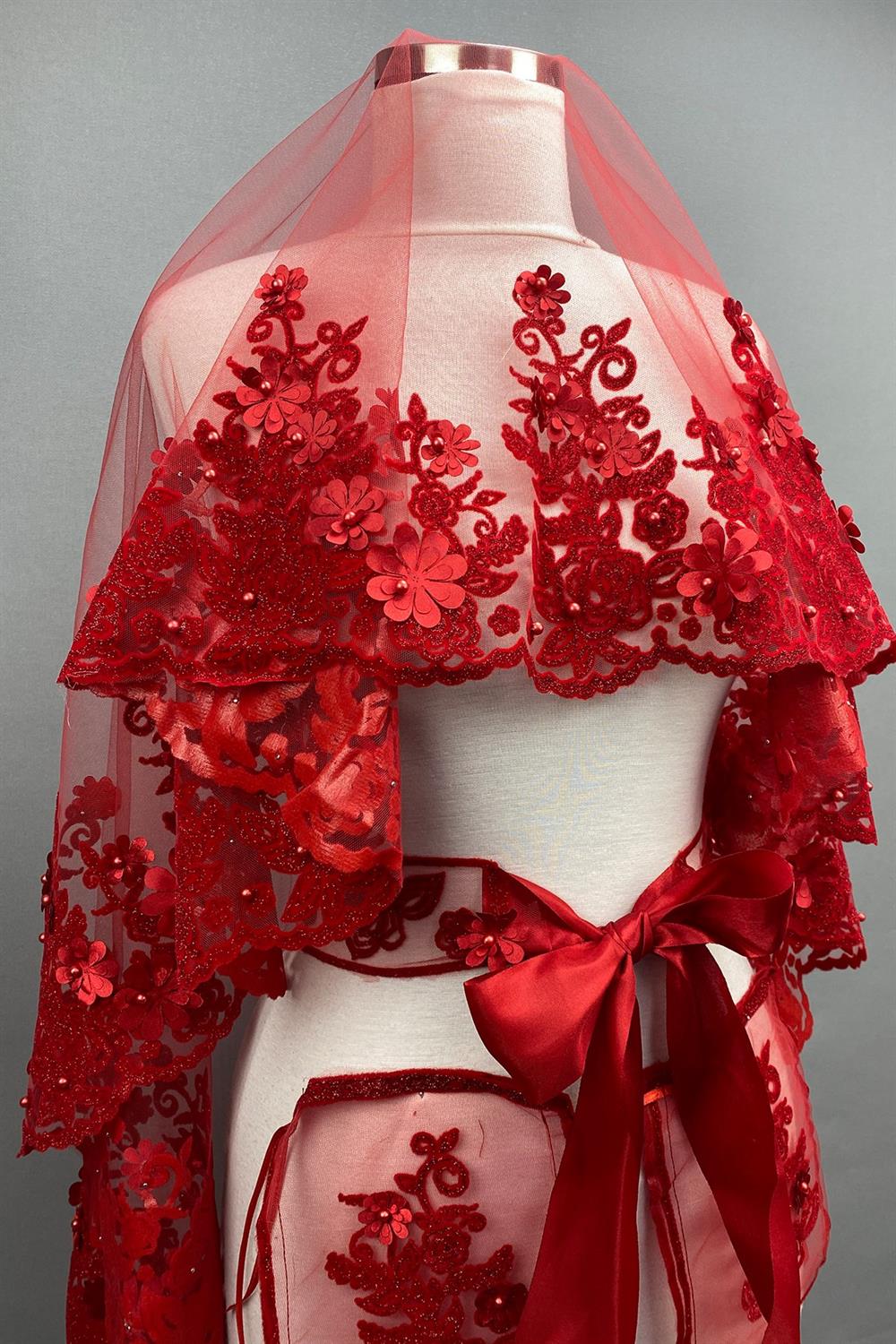 Wholesale Red Lena 3D Floral Henna Veil Face Cover