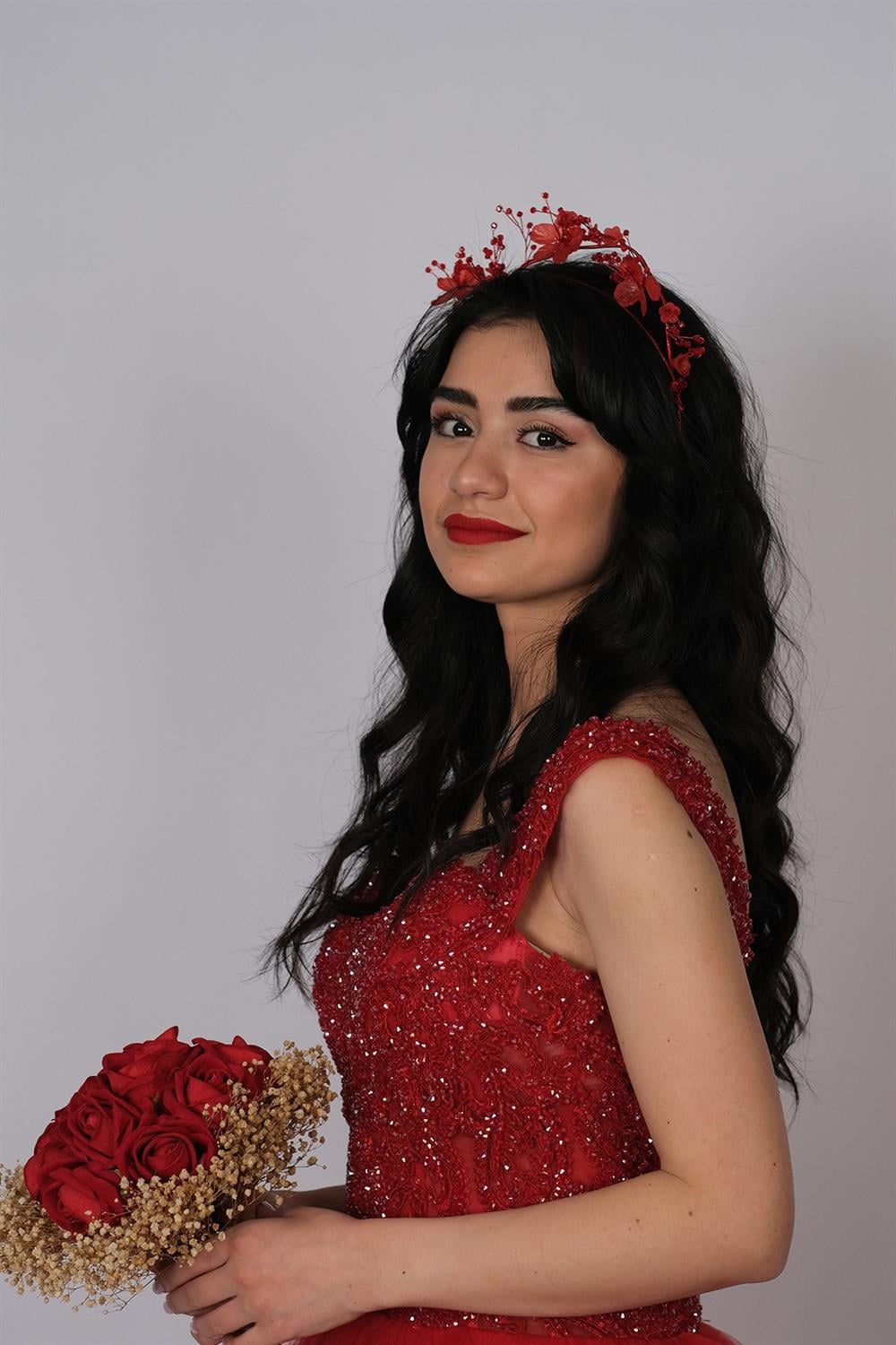 Toptan Kırmızı Minel Özel Tasarım Çiçekli Gelin Kına Tacı