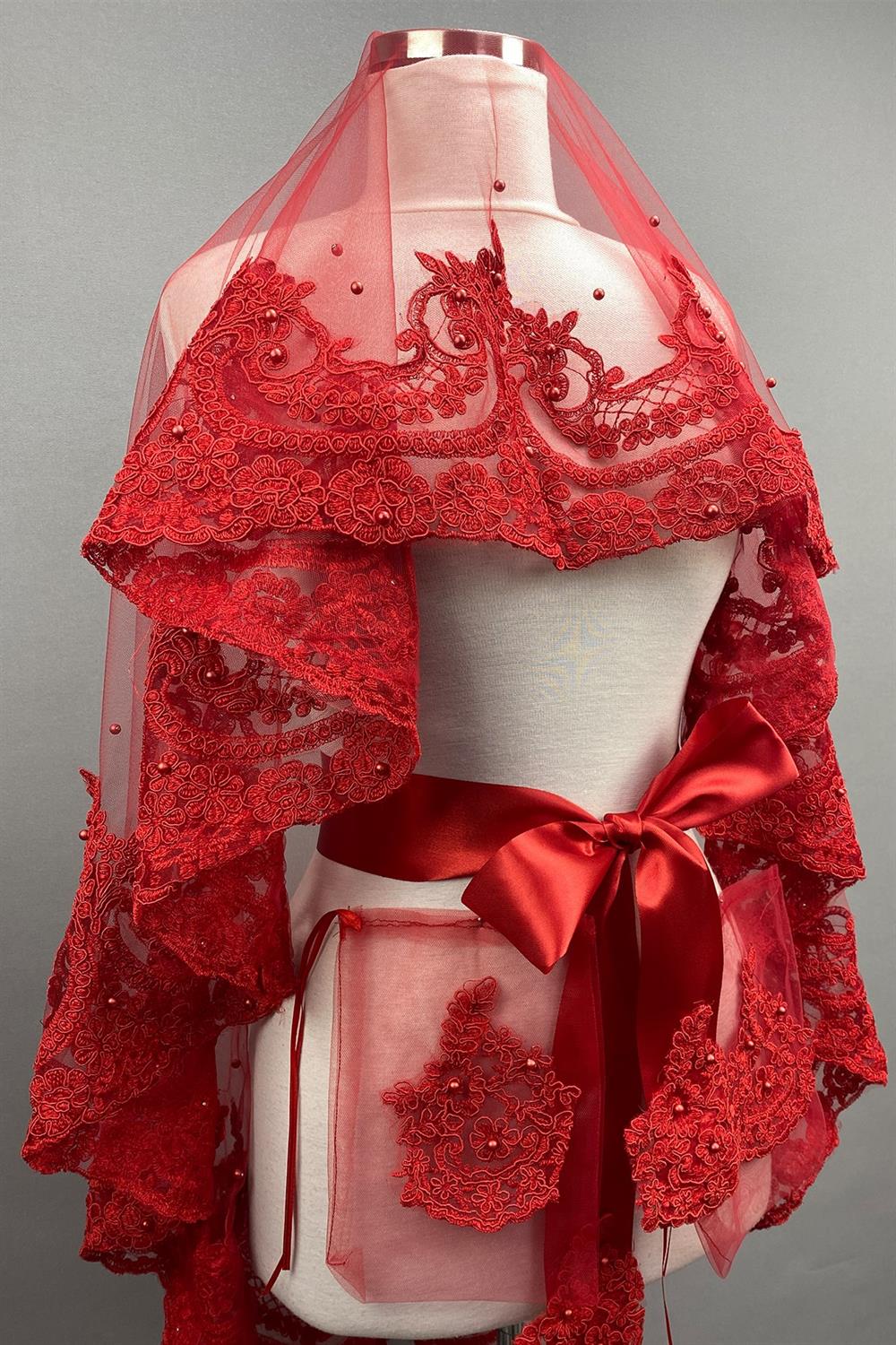 Wholesale Red Sultan Bridal Henna Veil Face Cover with Pearls