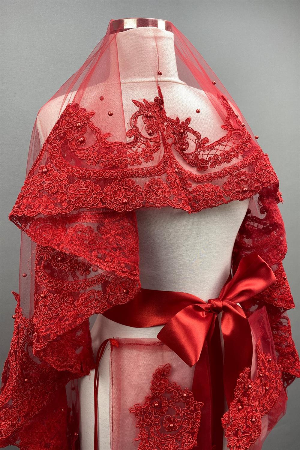 Wholesale Red Sultan Bridal Henna Veil Face Cover with Pearls
