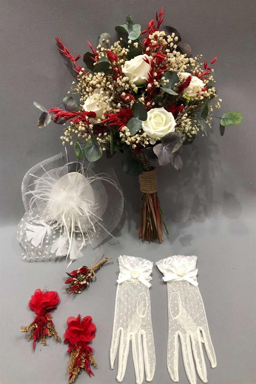 Wholesale Red and White Dried Flower Bridal Bouquet Set
