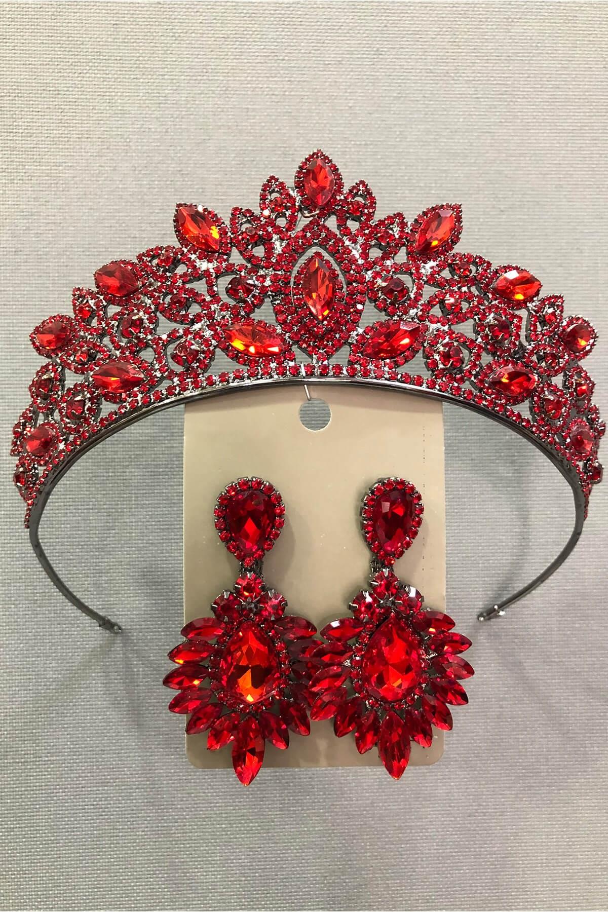 Wholesale Dark Red Crystal Stone Silver Bridal Crown and Earring Set