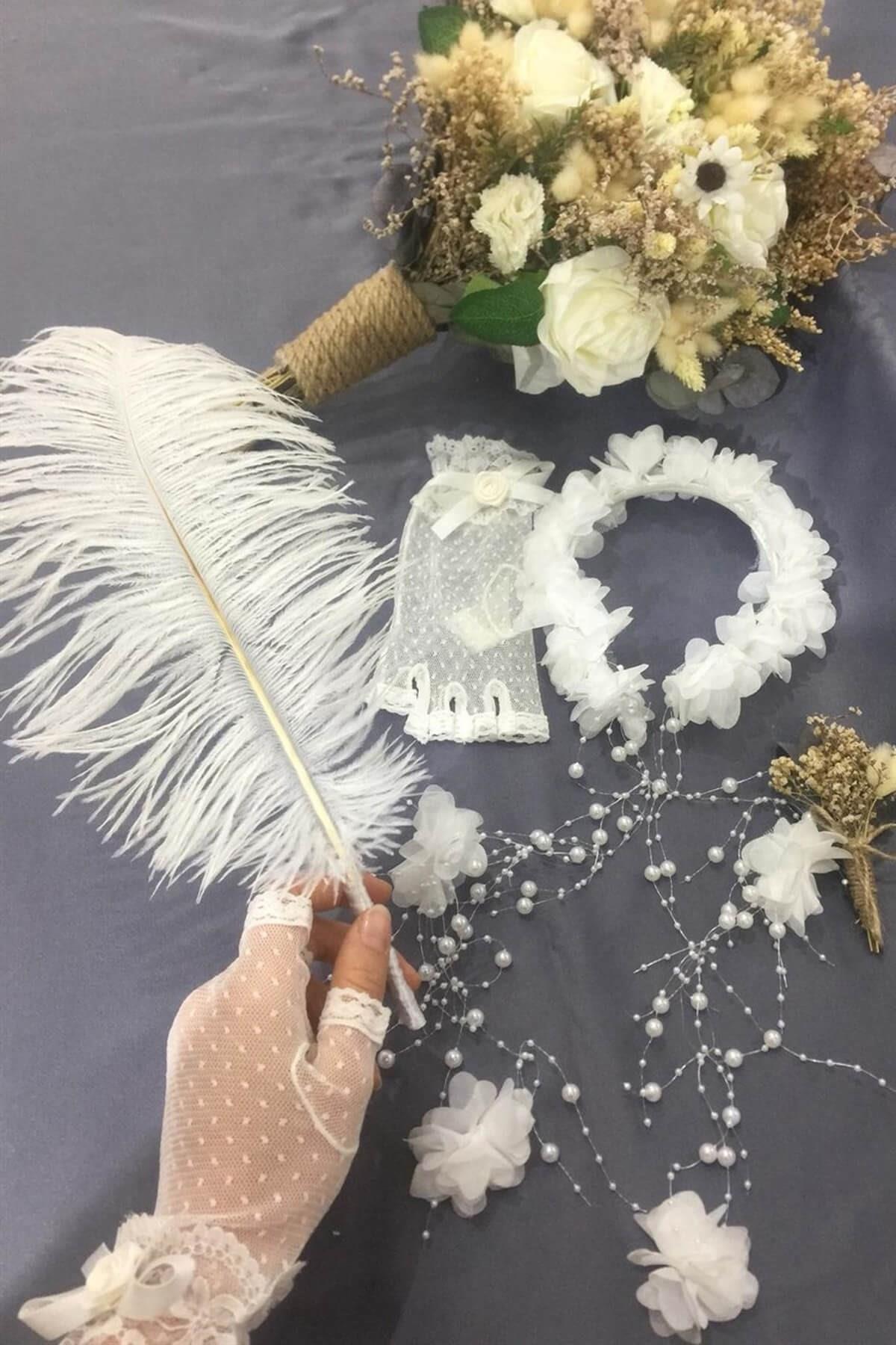 Wholesale Cream Bridal Flower - Glove -Crown -Feather Pen -Groom Boutonniere Set