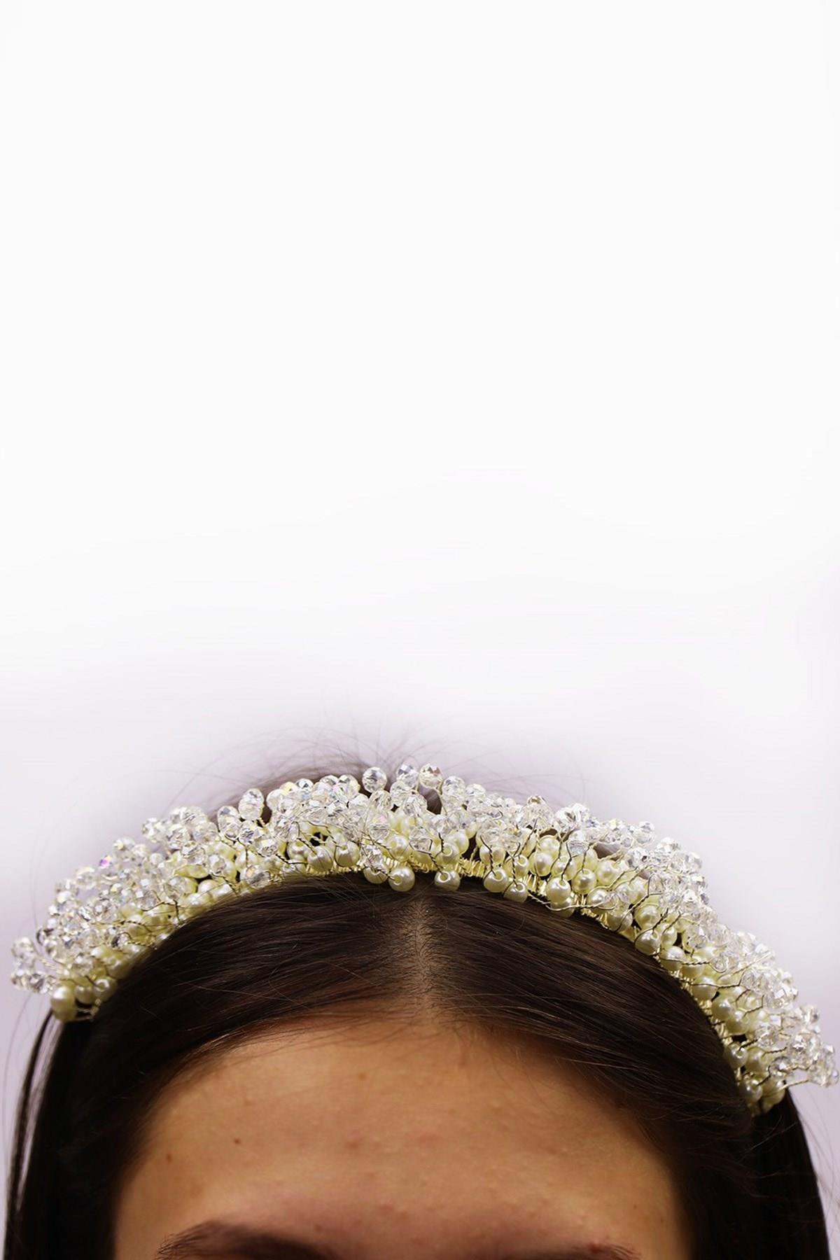 Wholesale Cream Pearled Crystal Beaded Bridal Crown
