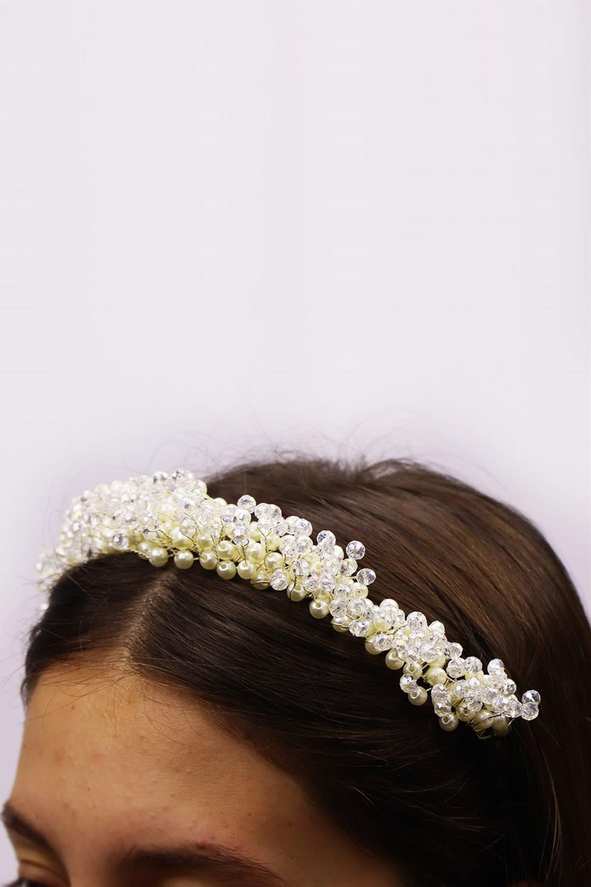 Wholesale Cream Pearled Crystal Beaded Bridal Crown