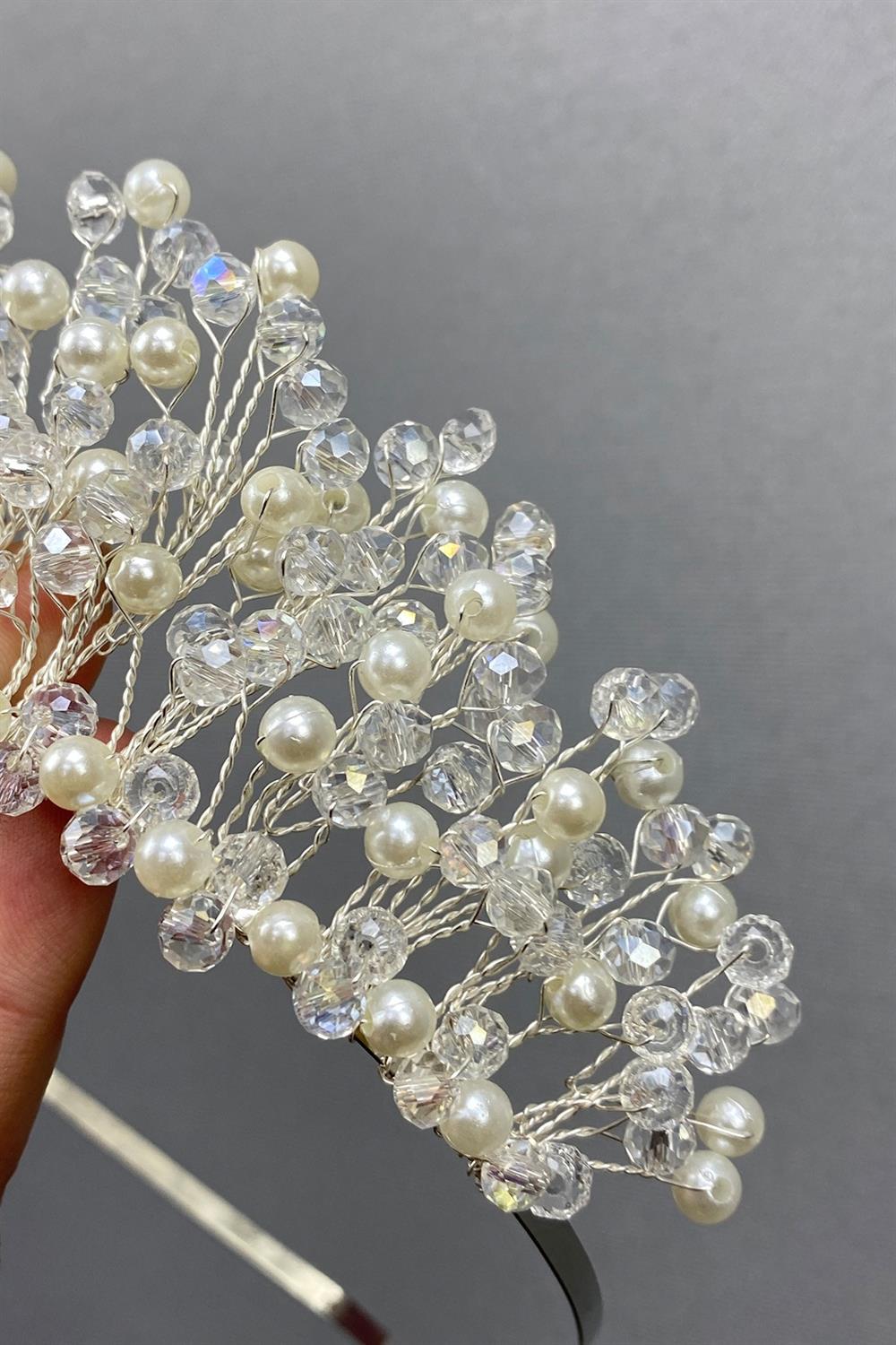 Toptan Krem Kristal Boncuklu Aren Gelin ve Kına Tacı