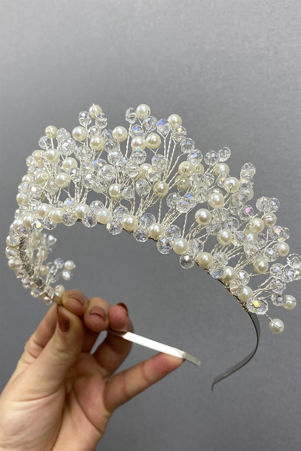 Toptan Krem Kristal Boncuklu Aren Gelin ve Kına Tacı