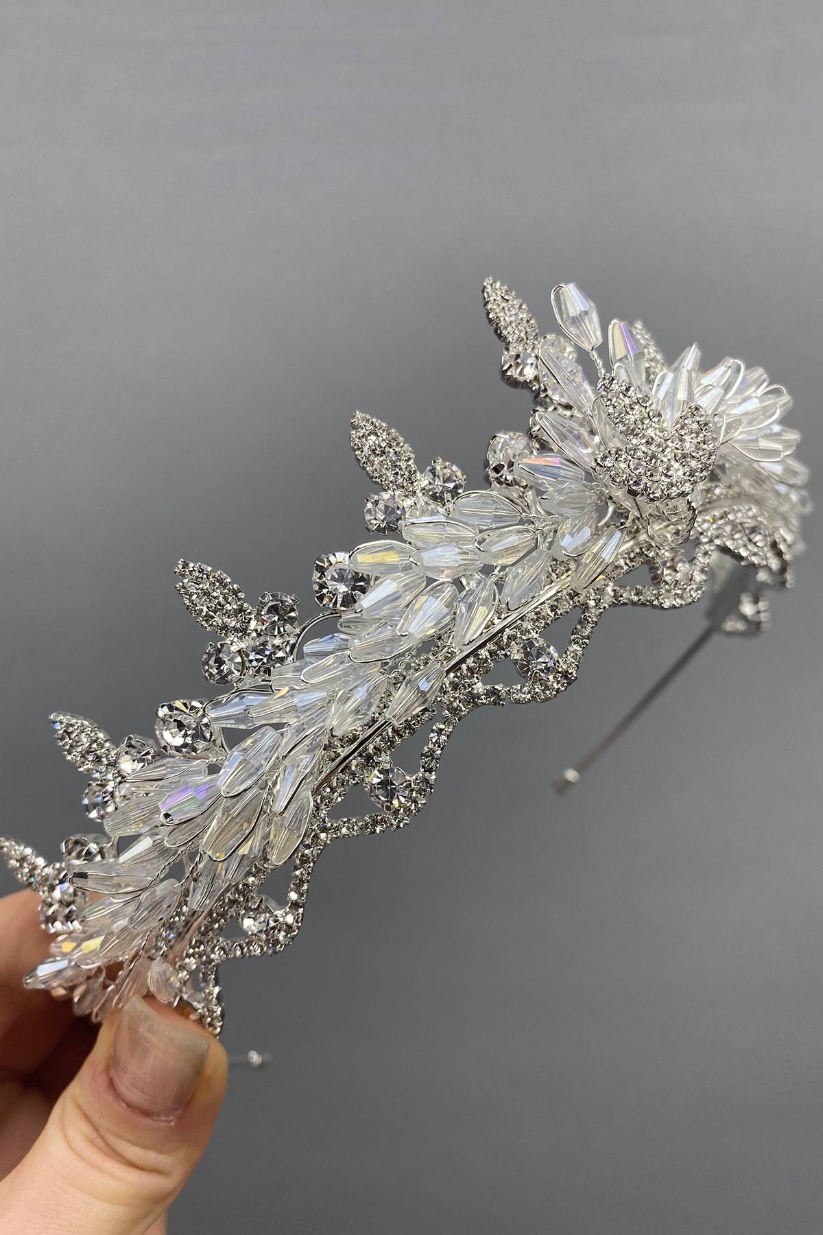 Toptan Kristal Boncuklu İşlemeli Badem Taşlı Gelin Tacı