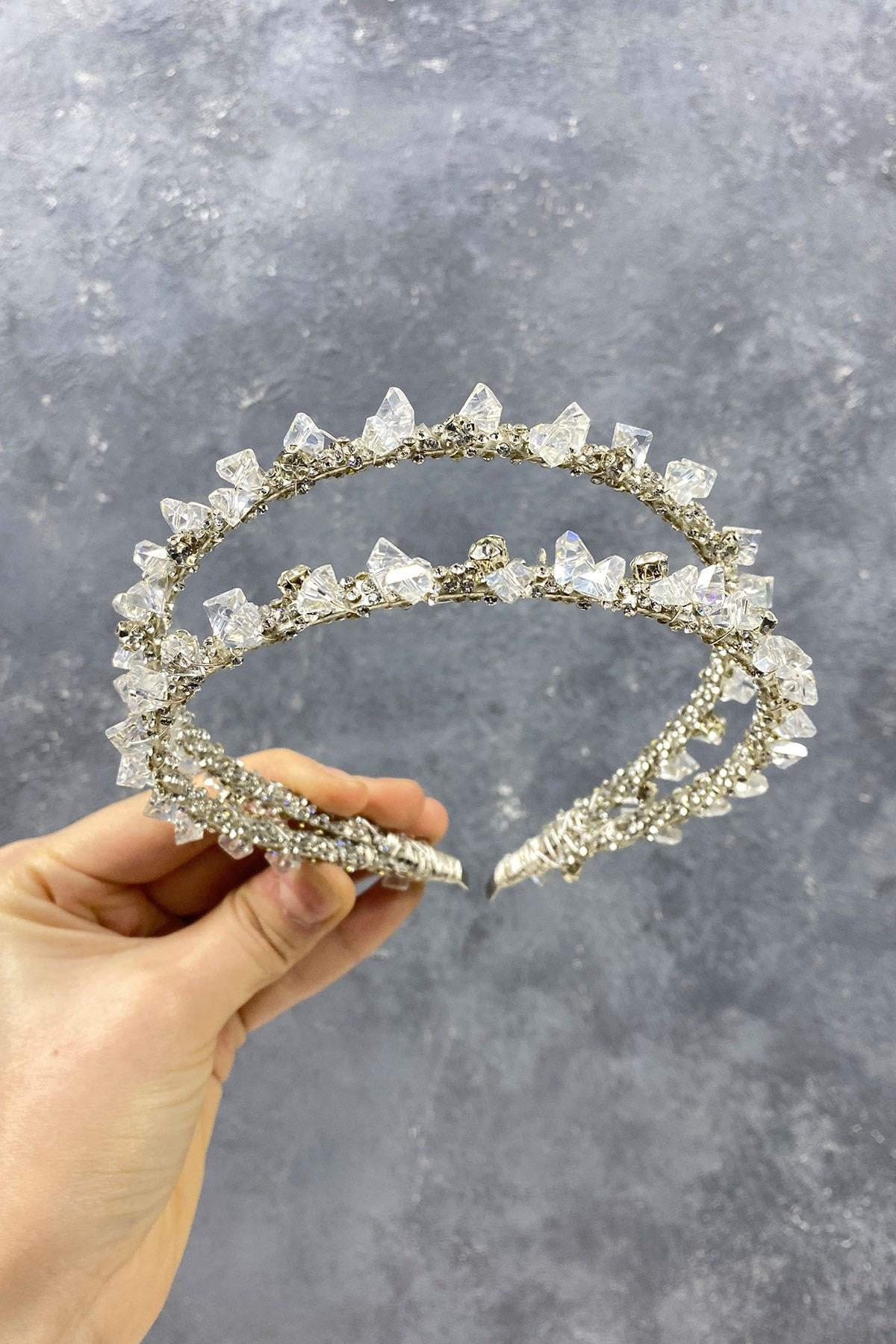 Toptan Kristal Full Taşlı İncili Çift Sıra Saç Aksesuarı Gelin Tacı